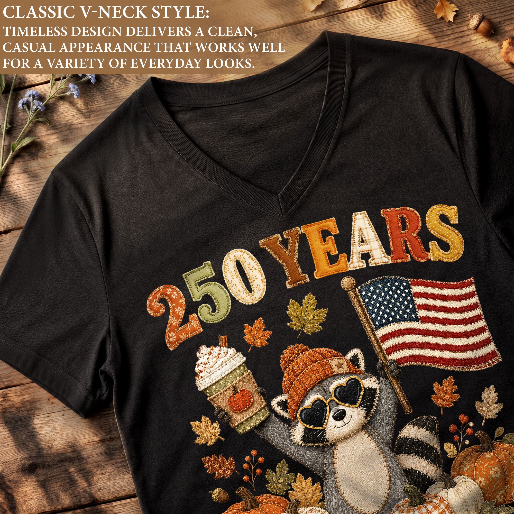Cute Raccoon Fall V-Neck Shirt Women Pumpkin Spice Latte Patriotic American Flag Tee