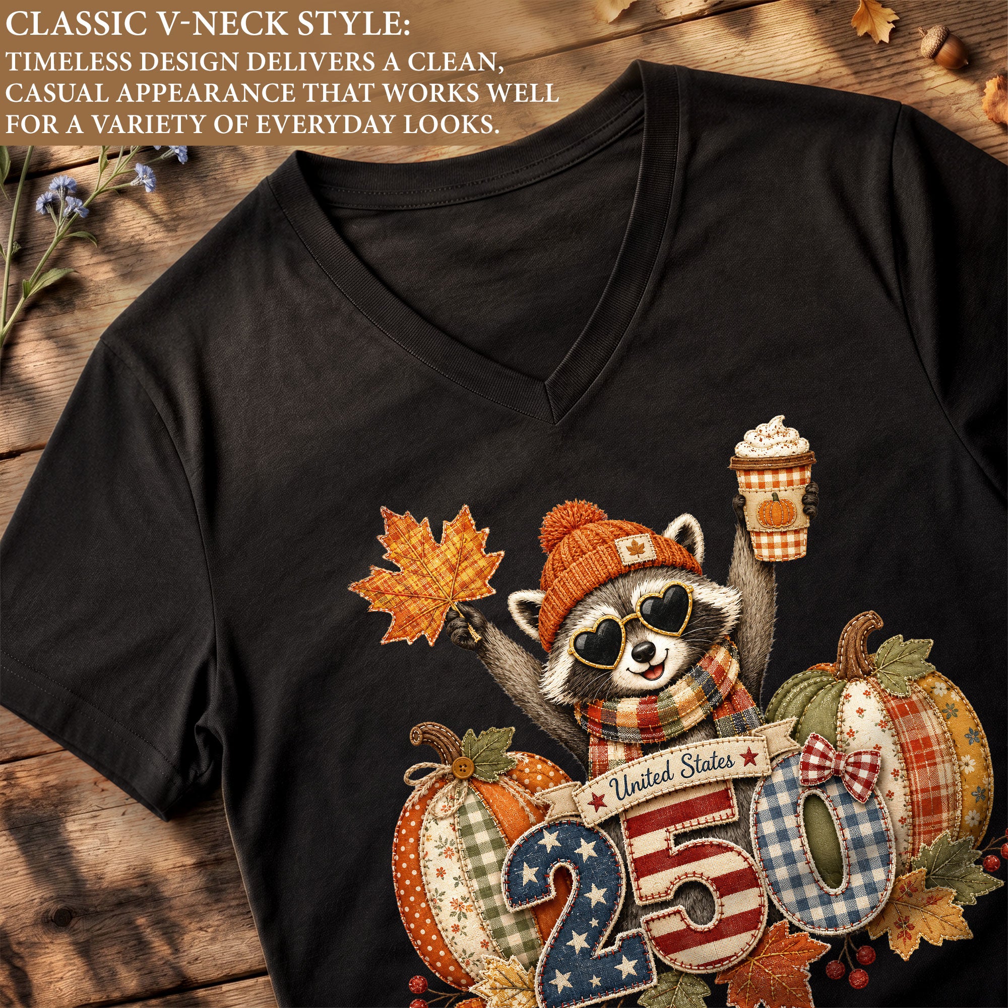 Patriotic Raccoon Fall V-Neck Shirt Women Cute Country Pumpkin Autumn Flag Graphic Tee