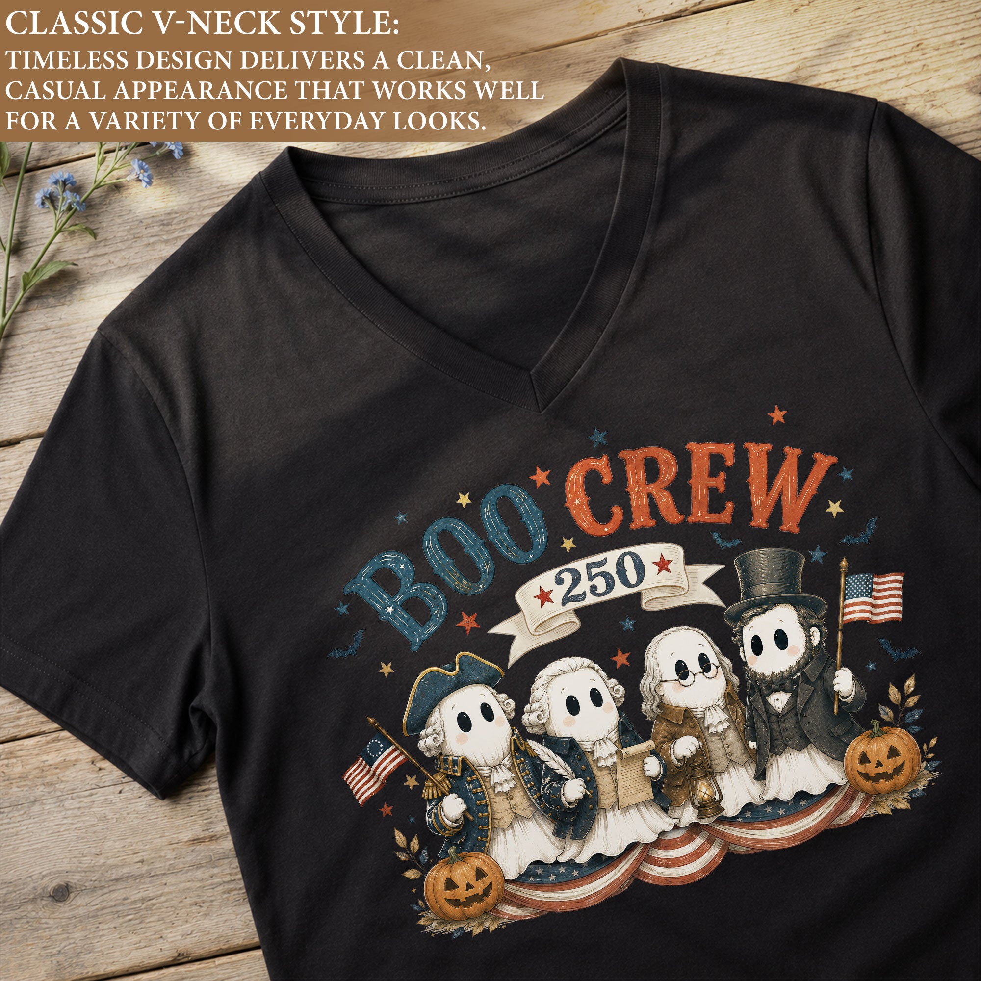 Patriotic Boo Crew Halloween V-Neck Shirt Women Cute Ghost Historical Figures Tee