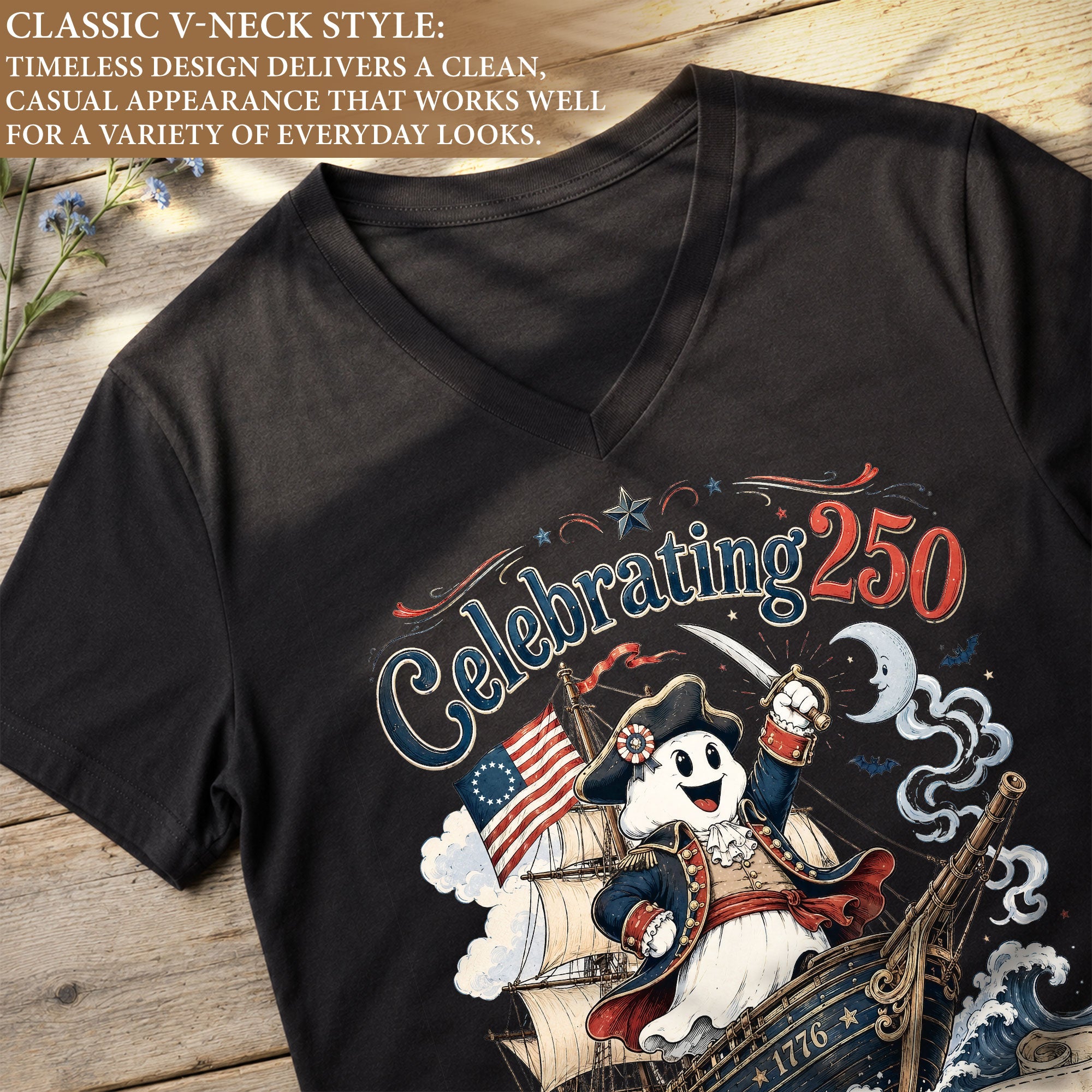 One Boo At A Time Halloween V-Neck Shirt Women Cute Patriotic Pirate Ghost Ship Tee