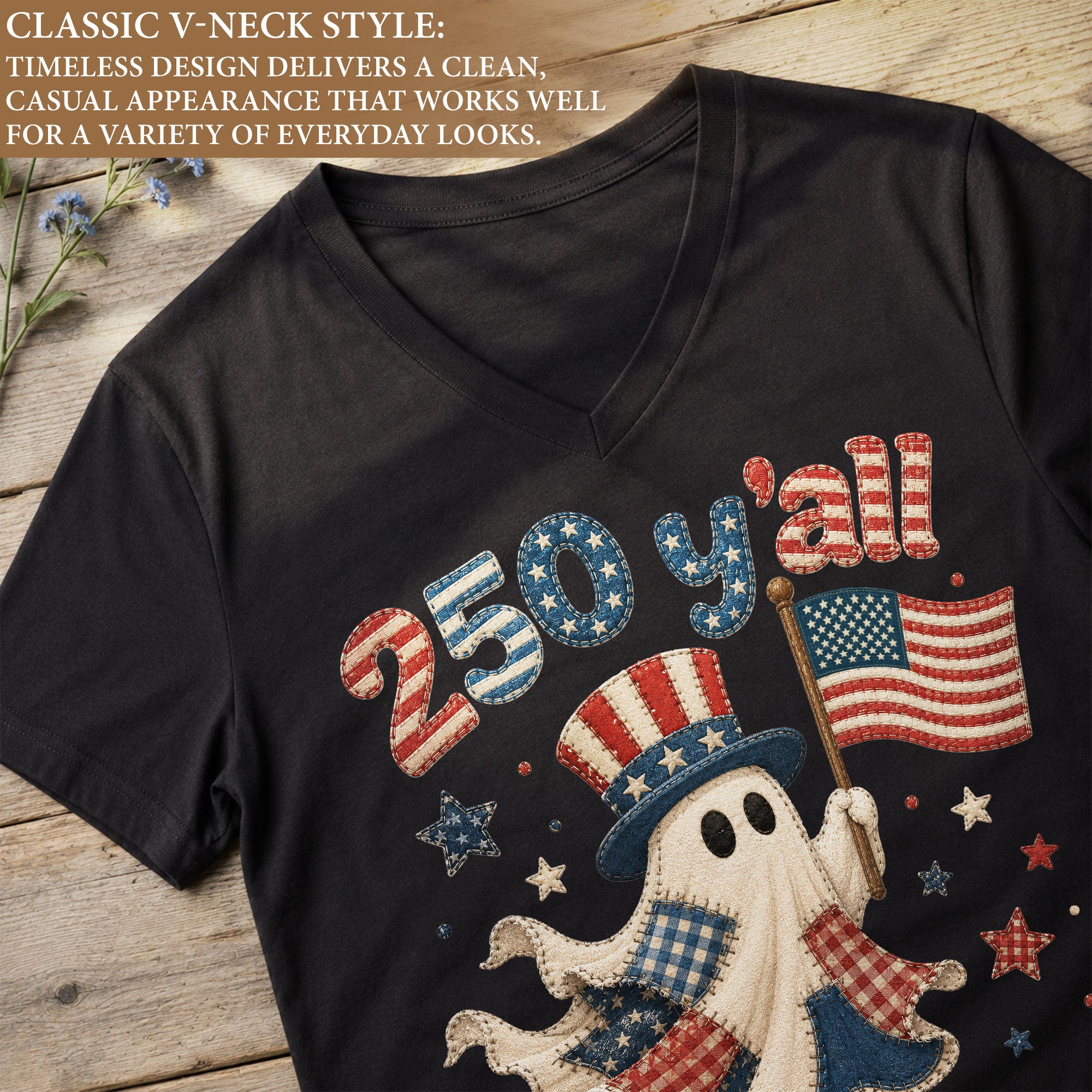 Patriotic Ghost Halloween V-Neck Shirt Women Cute Southern Y'all Uncle Sam Hat Tee