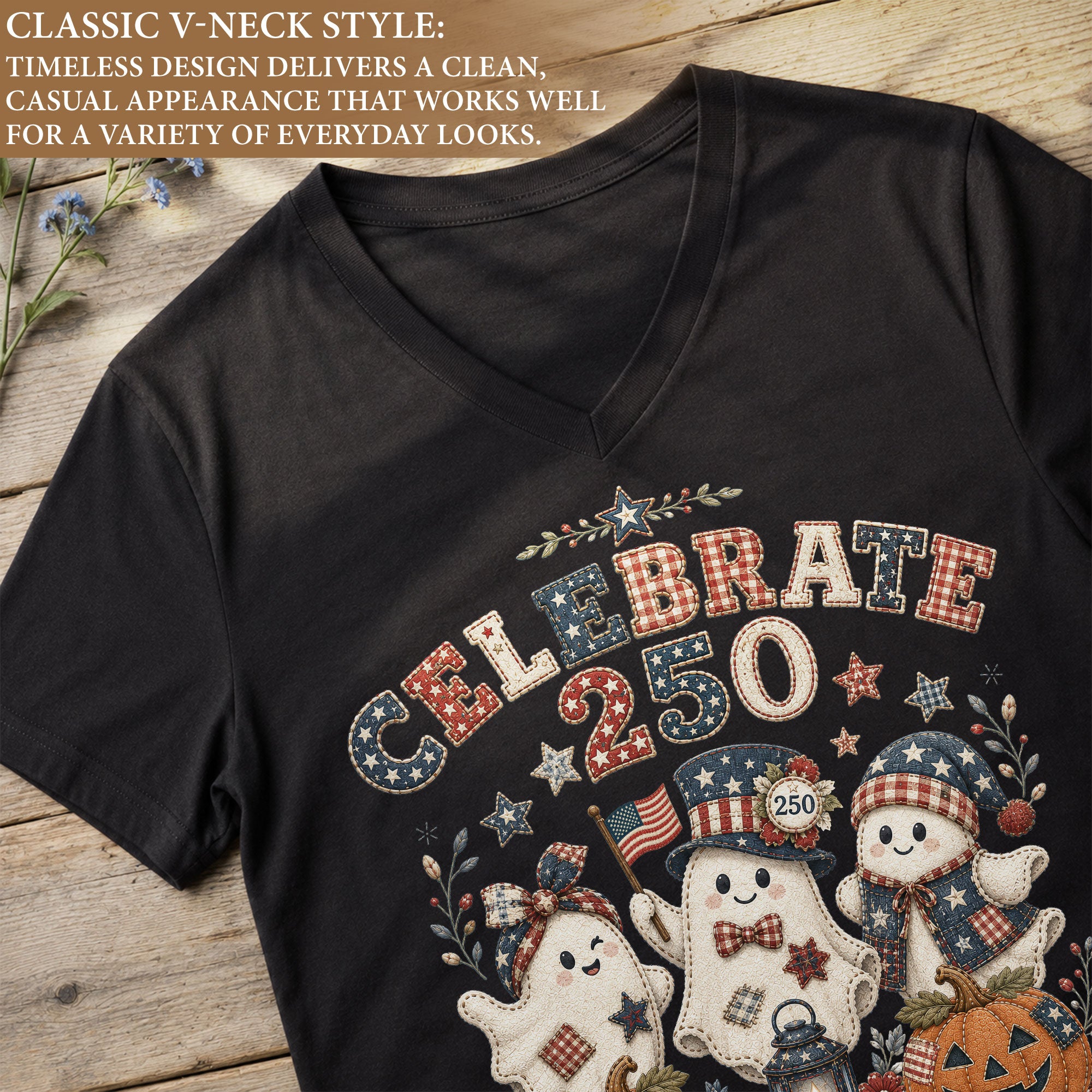 Patriotic Ghost Halloween V-Neck Shirt Women Cute Spooky Celebrate Party Graphic Tee
