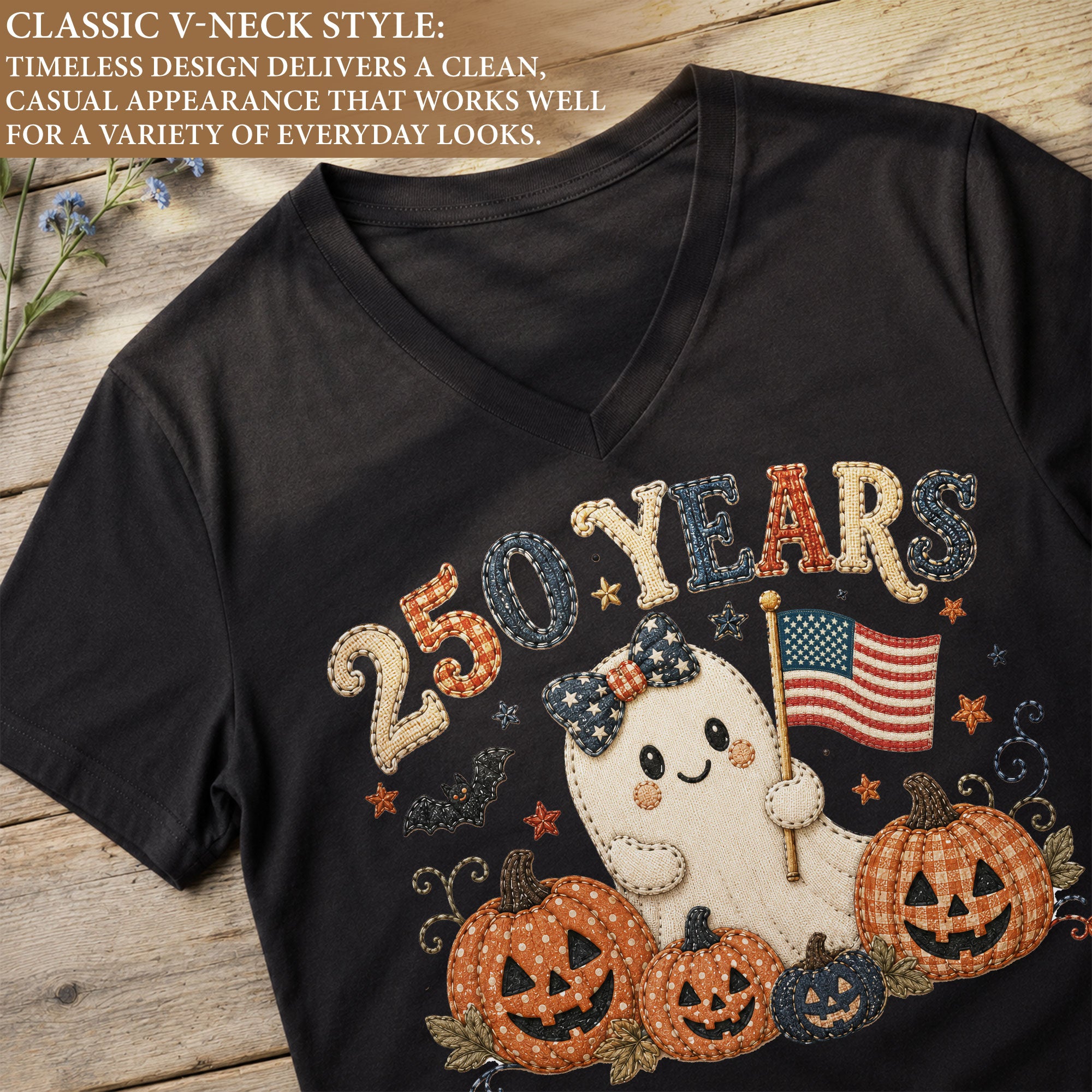 Cute Patriotic Ghost Halloween V-Neck Shirt Women Spooky Pumpkin Flag Graphic Tee