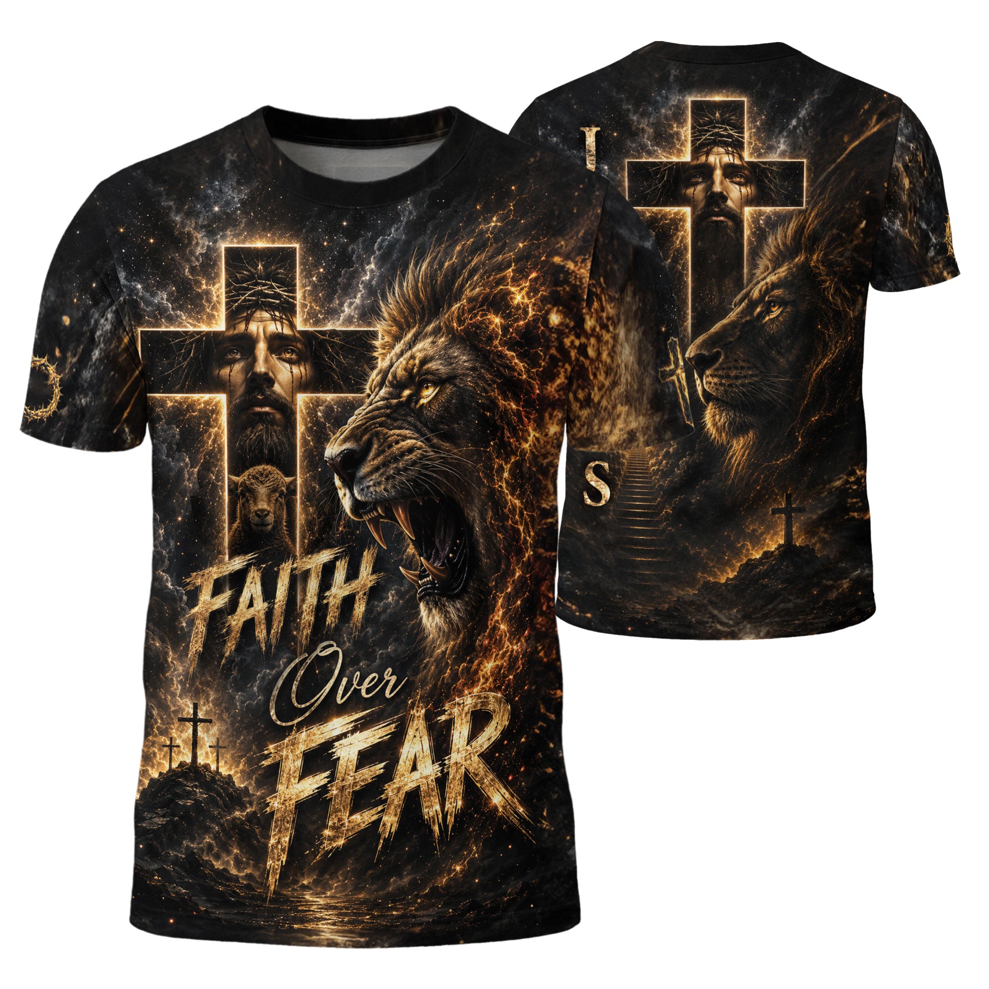 Faith Over Fear Jesus Lion Cross 3D Graphic Christian T Shirt Apparel Men Clothing