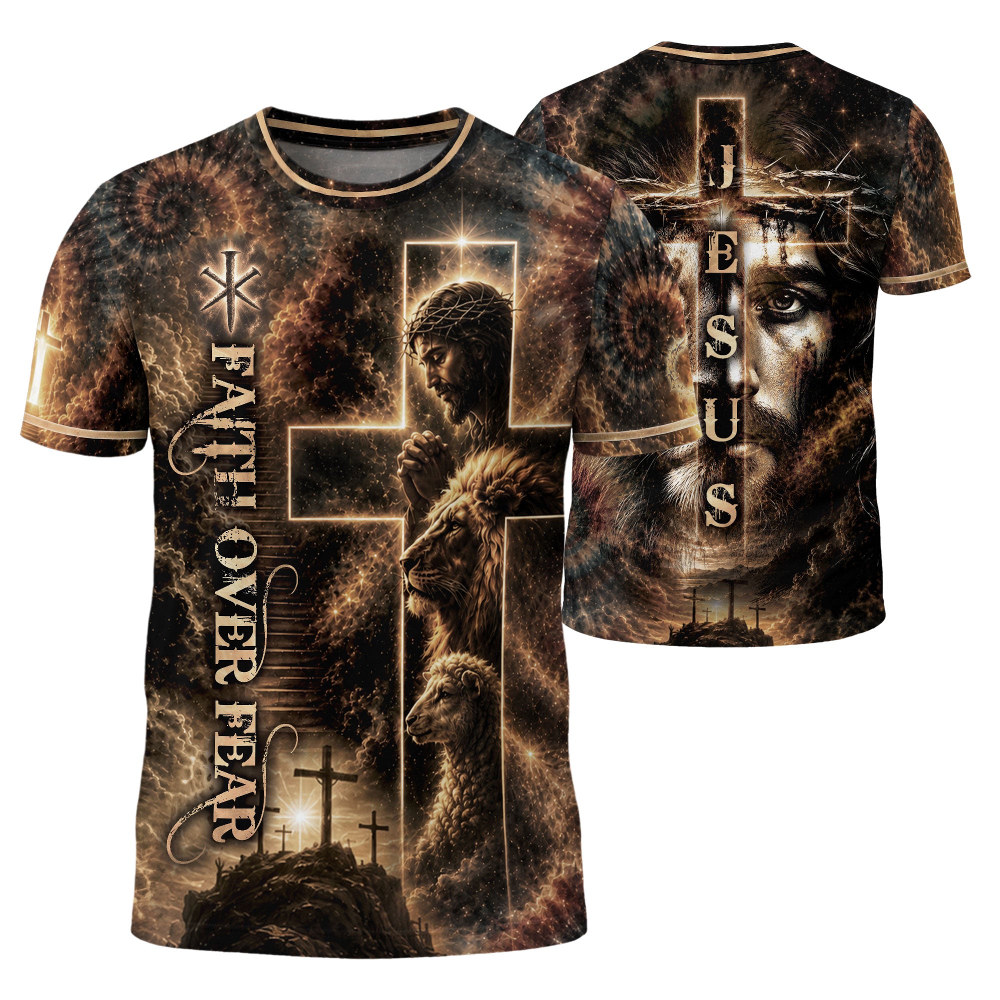 Jesus Lion Cross Faith Over Fear 3D Graphic Christian T Shirt Apparel Men Clothing