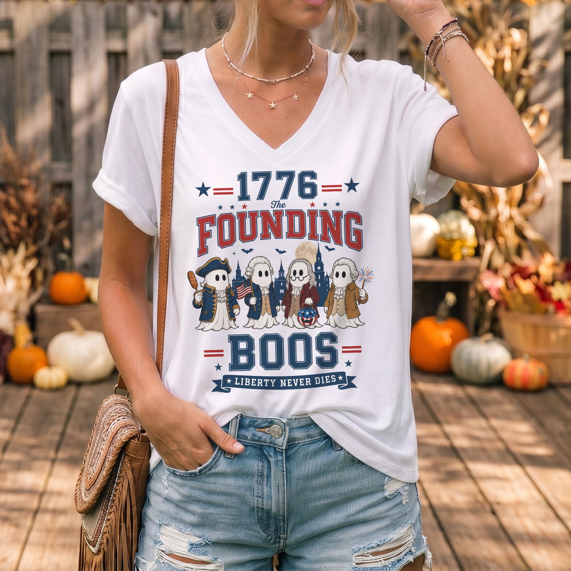 1776 Founding Boos V Neck Shirt Funny Patriotic Ghost Women Graphic Tee Vintage
