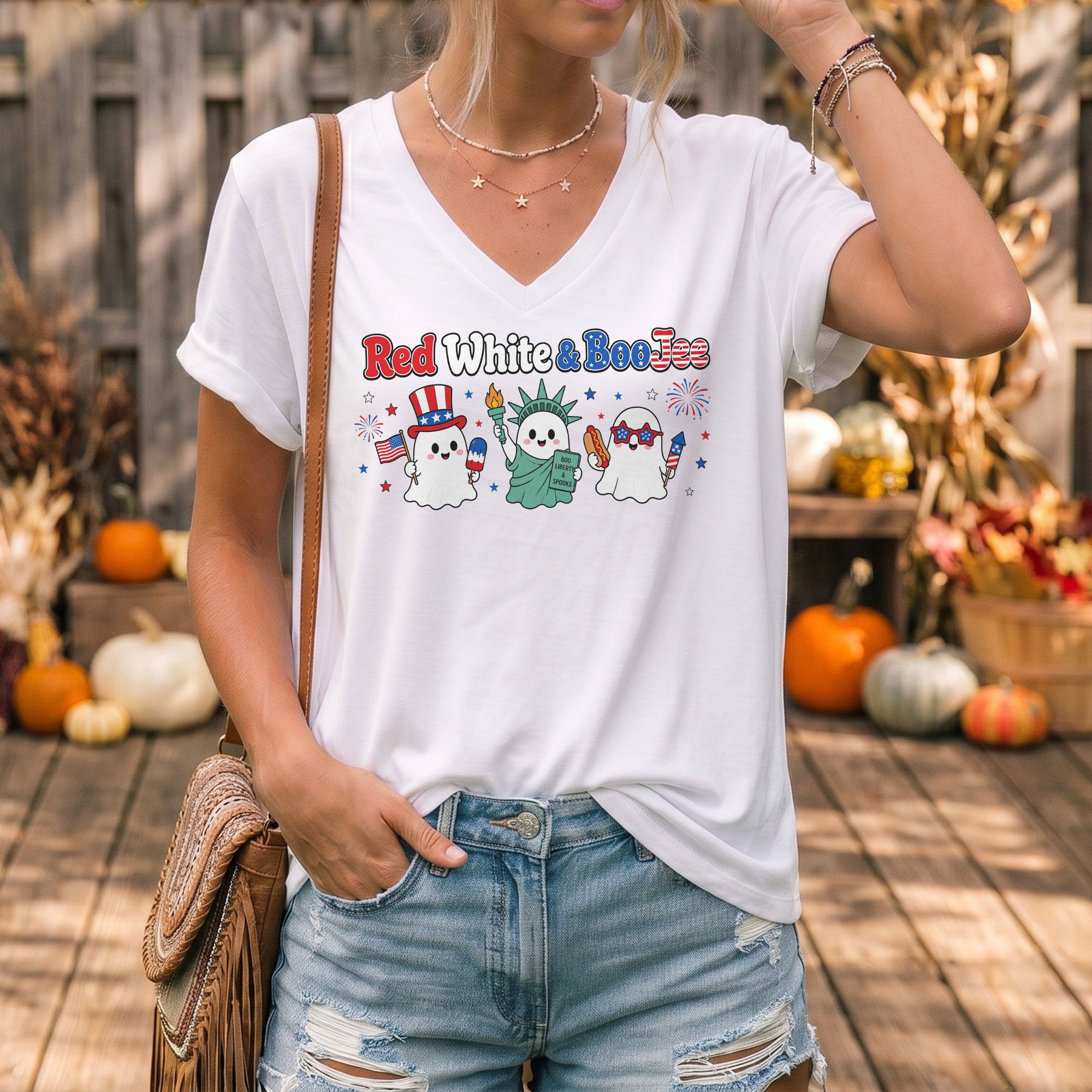 Red White And BooJee V Neck Shirt Cute Patriotic Ghost Women Graphic Tee
