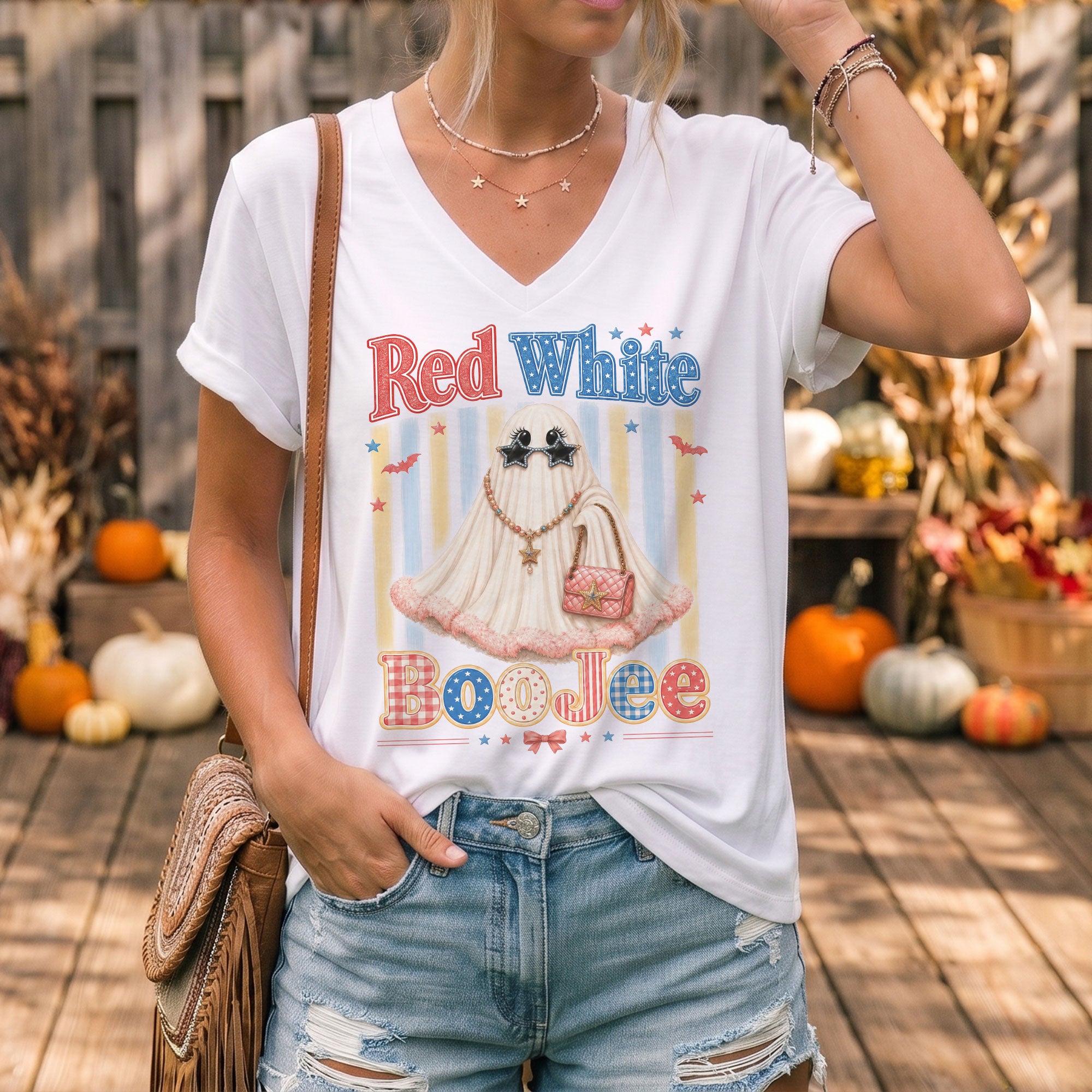 Red White BooJee V Neck Shirt Glam Ghost Fashion Patriotic Women Graphic Tee