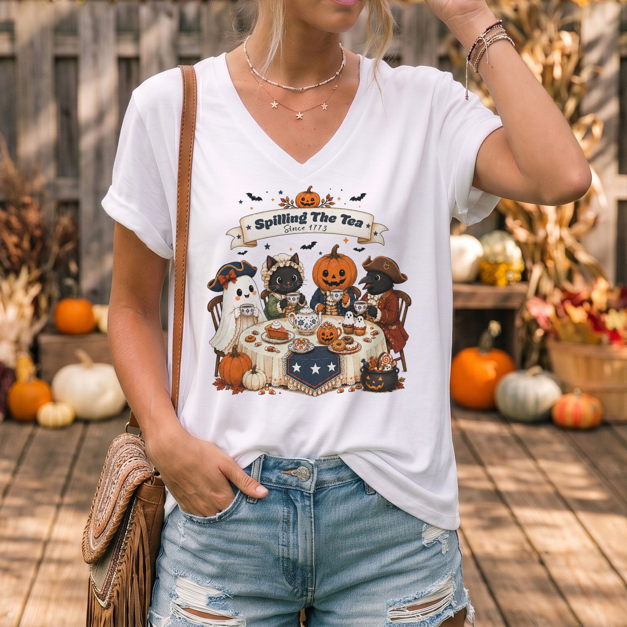 Spilling The Tea Since 1773 V Neck Shirt Funny Ghost Pumpkin Women Graphic Tee