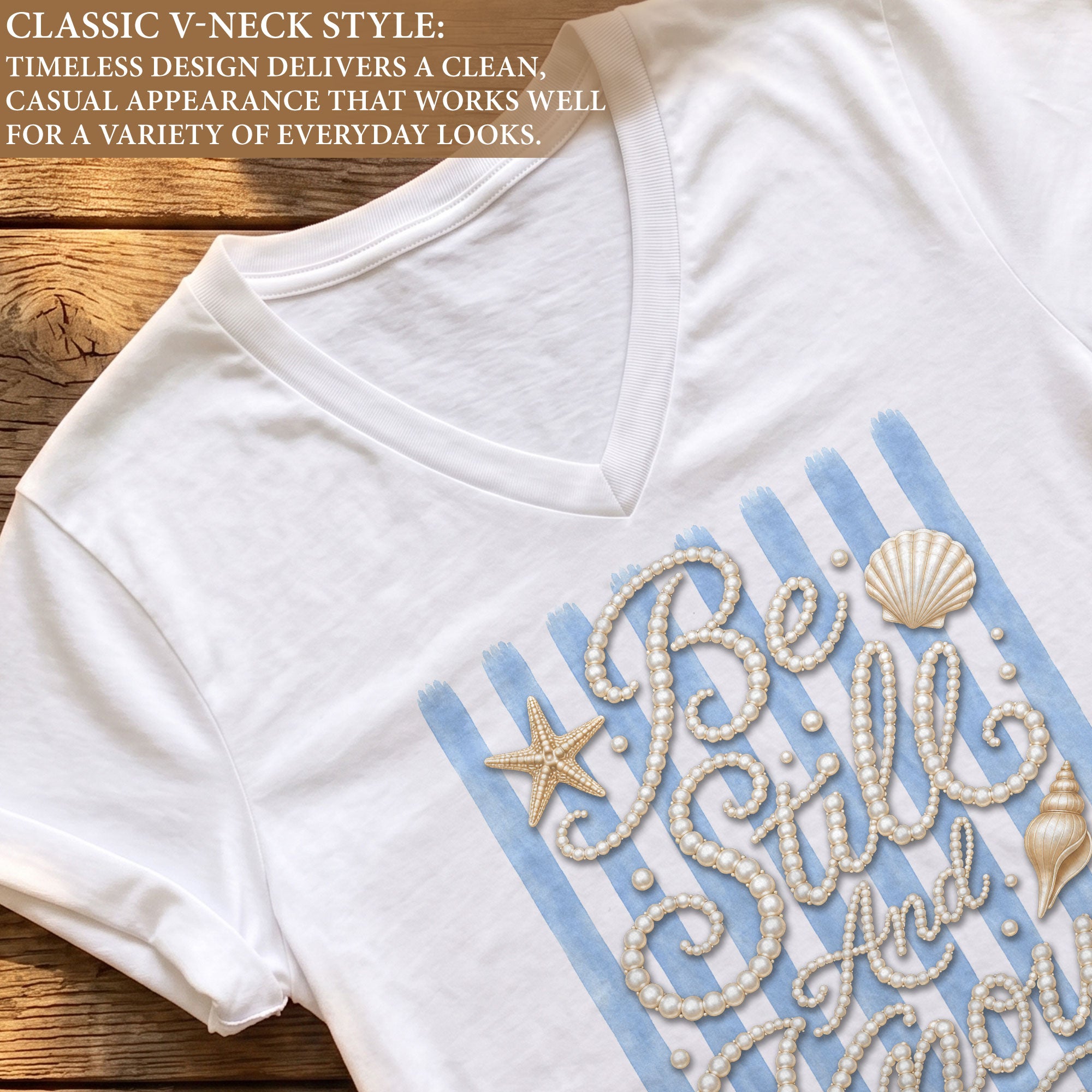 Be Still And Know Pearl Stripes Seashells Psalm 46 10 Christian V Neck Shirt Women