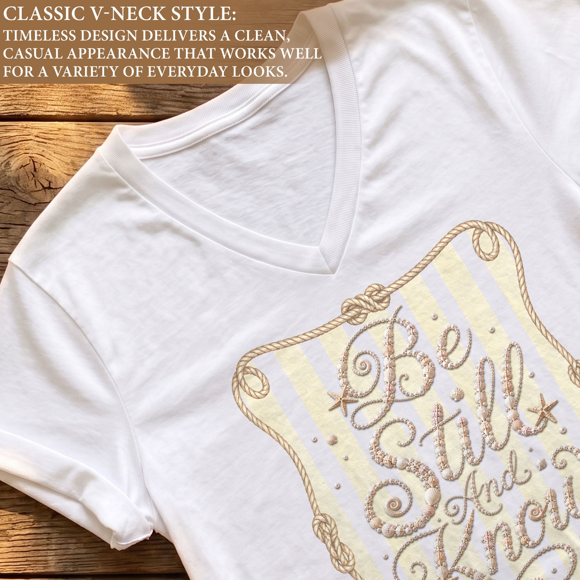 Be Still And Know Seashell Rope Stripes Psalm 46 10 Christian V Neck Shirt Women