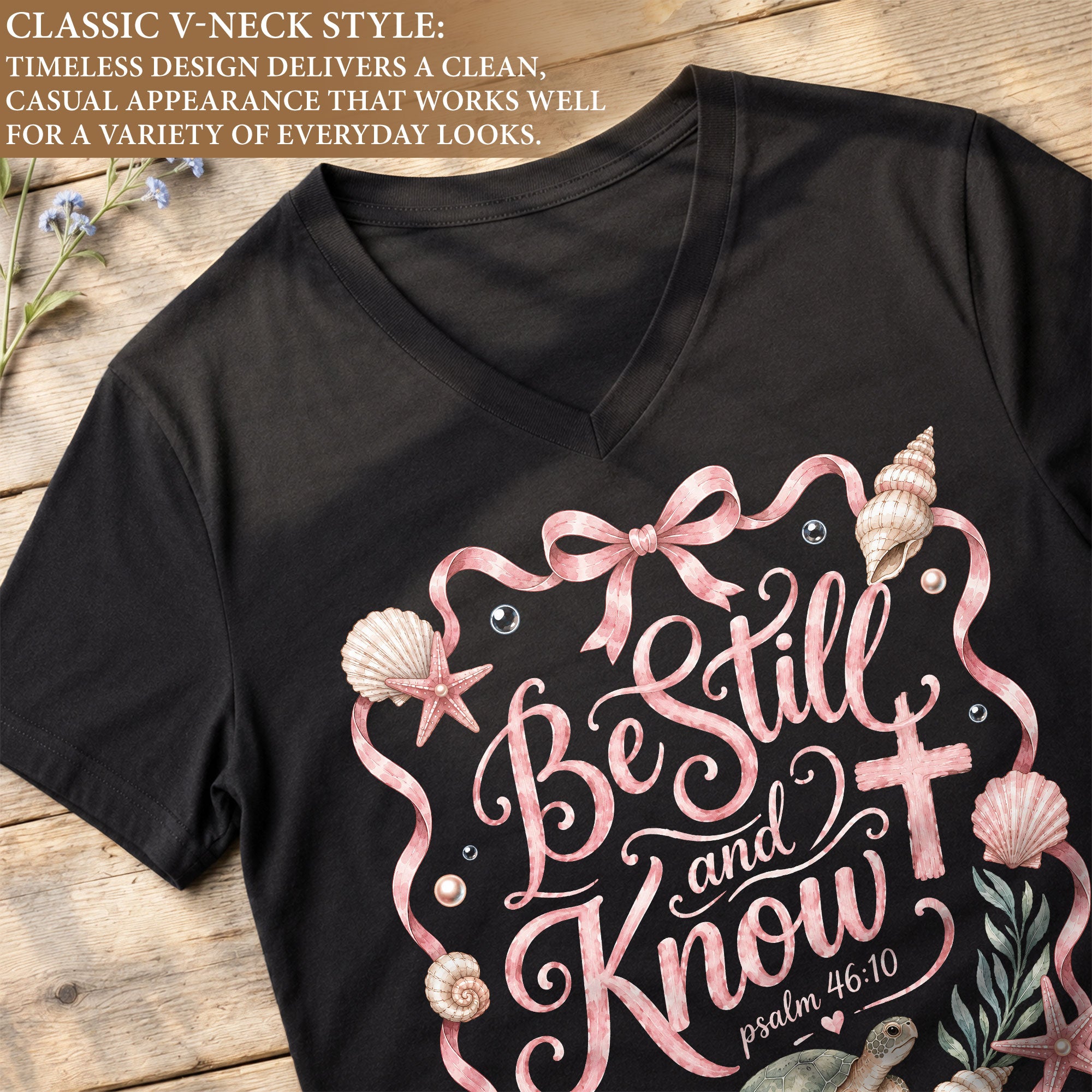 Be Still And Know Sea Turtle Ribbon Cross Psalm 46 10 Christian V Neck Shirt Women