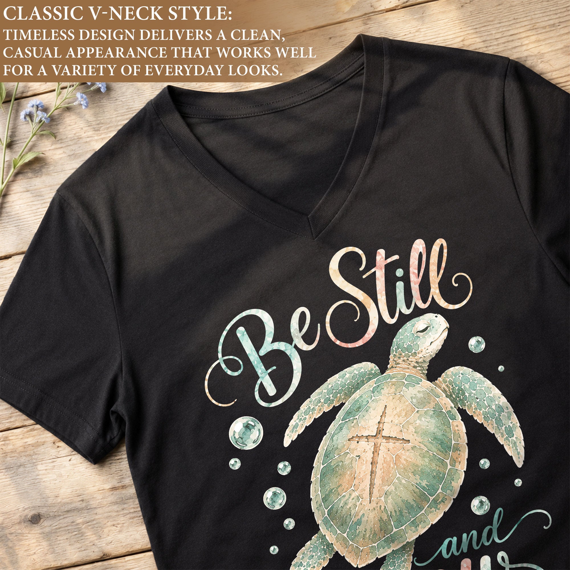 Be Still And Know Sea Turtle Cross Shell Psalm 46 10 Christian V Neck Shirt Women