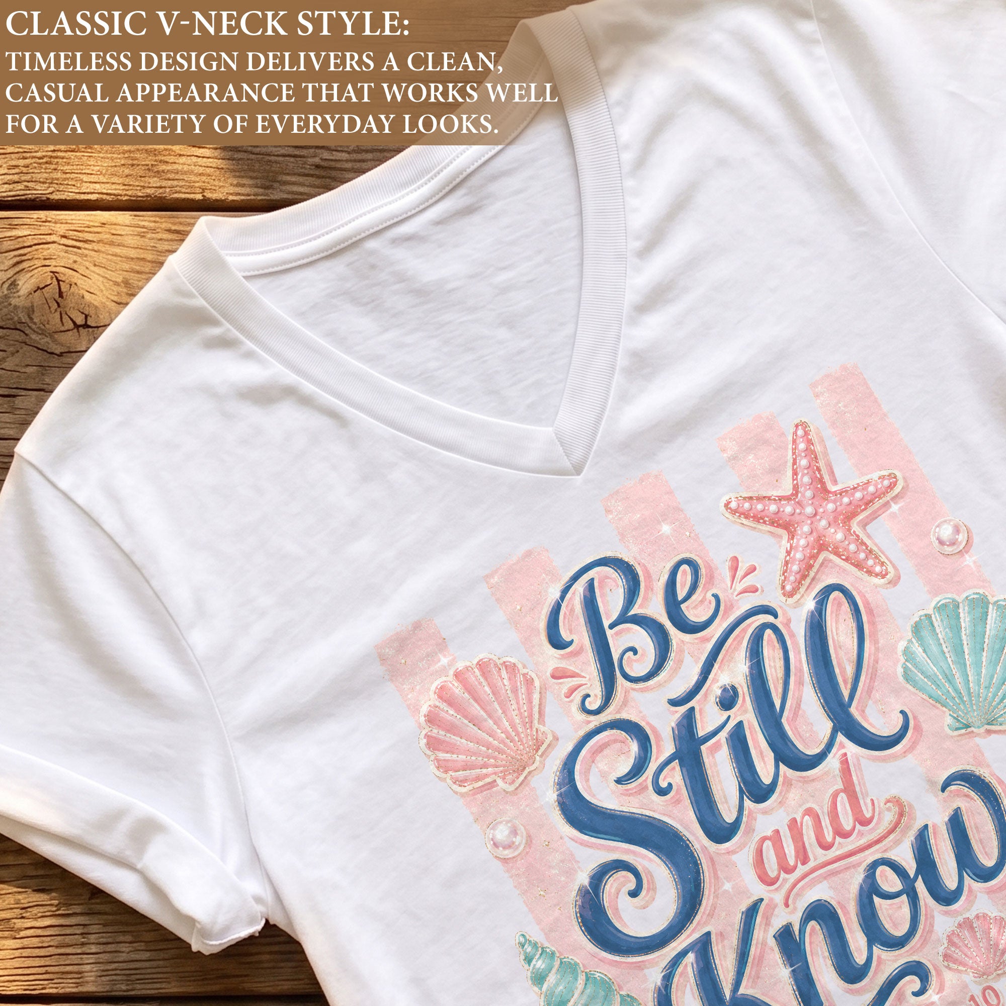 Be Still And Know Pink Stripes Seashells Psalm 46 10 Christian V Neck Shirt Women