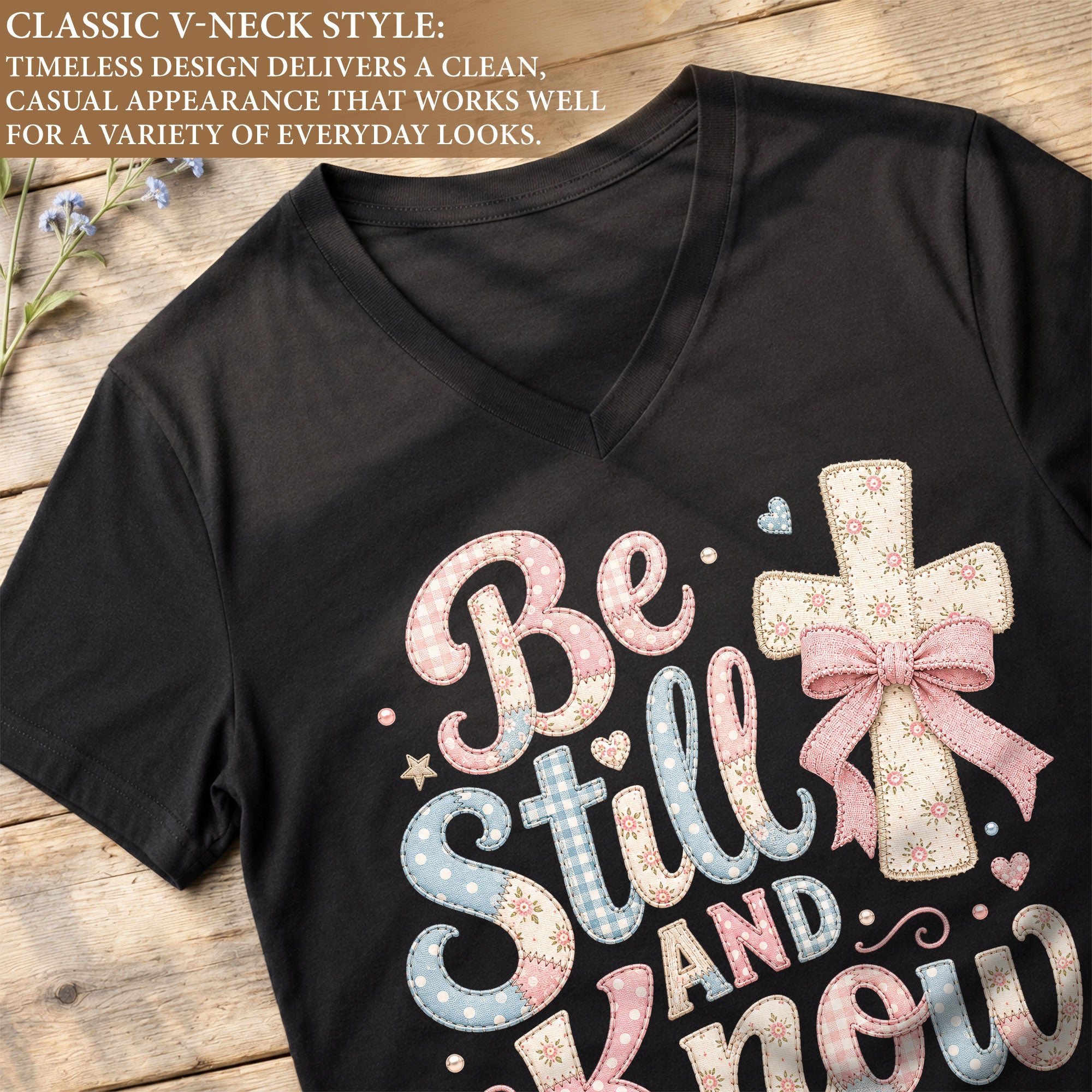 Be Still And Know Pastel Patchwork Cross Psalm 46 10 Christian V Neck Shirt Women