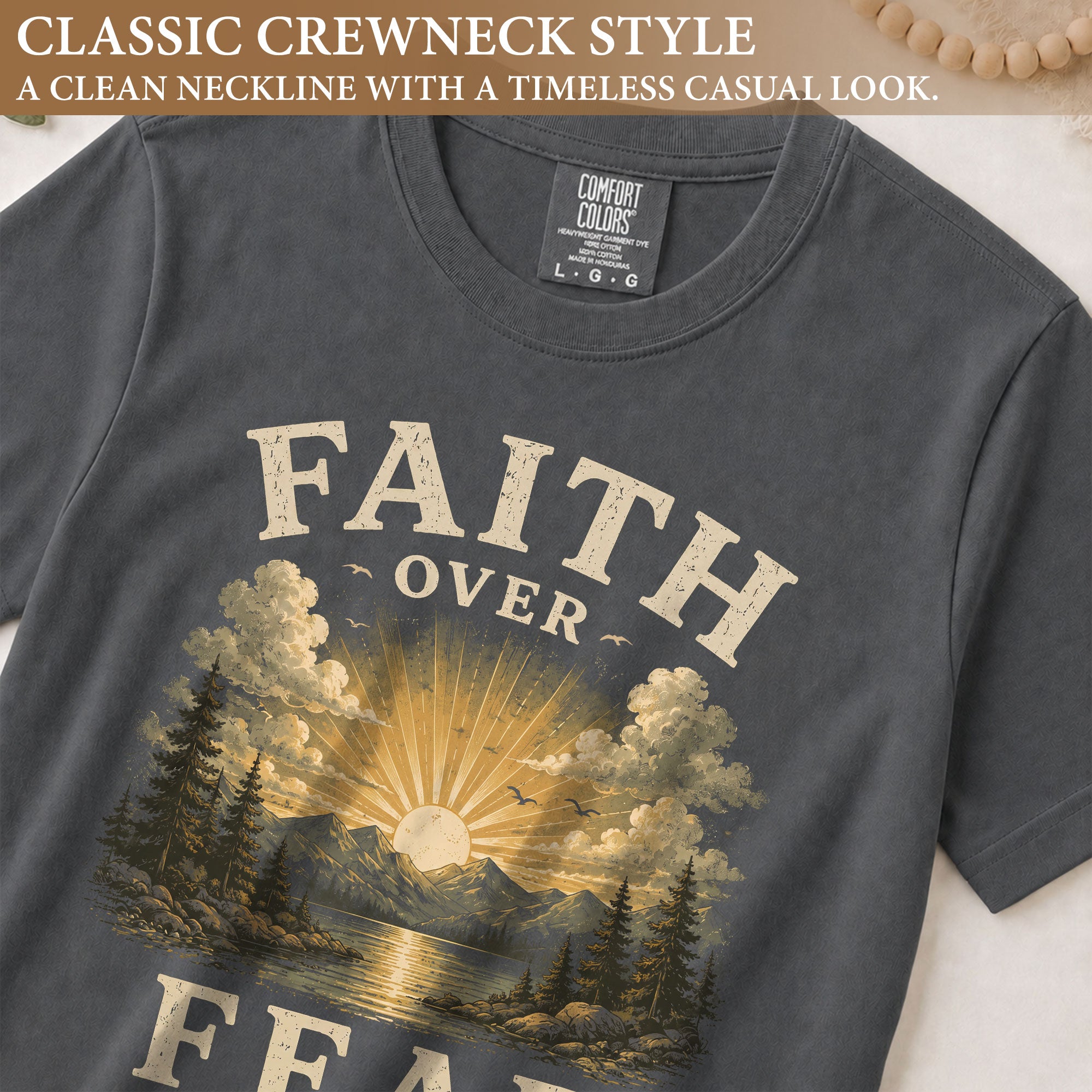 Faith Over Fear Christian Women Shirt Vintage Mountain Sunset Bible Verse T-Shirt