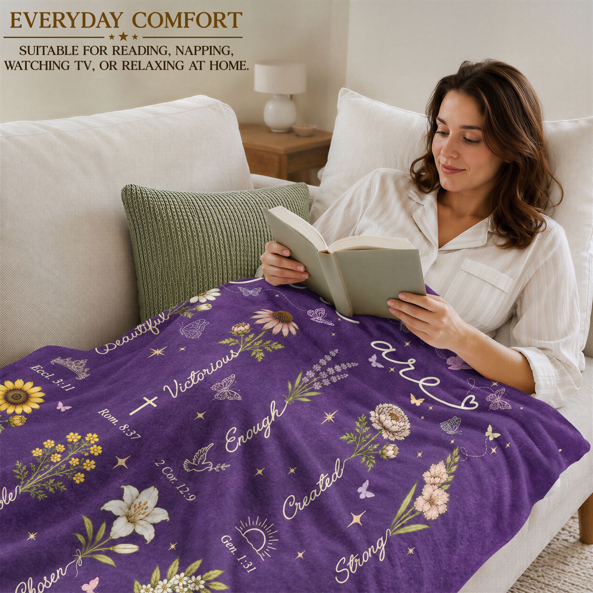 God Says You Are Blanket Purple Floral Christian Scripture Flannel Throw Blanket