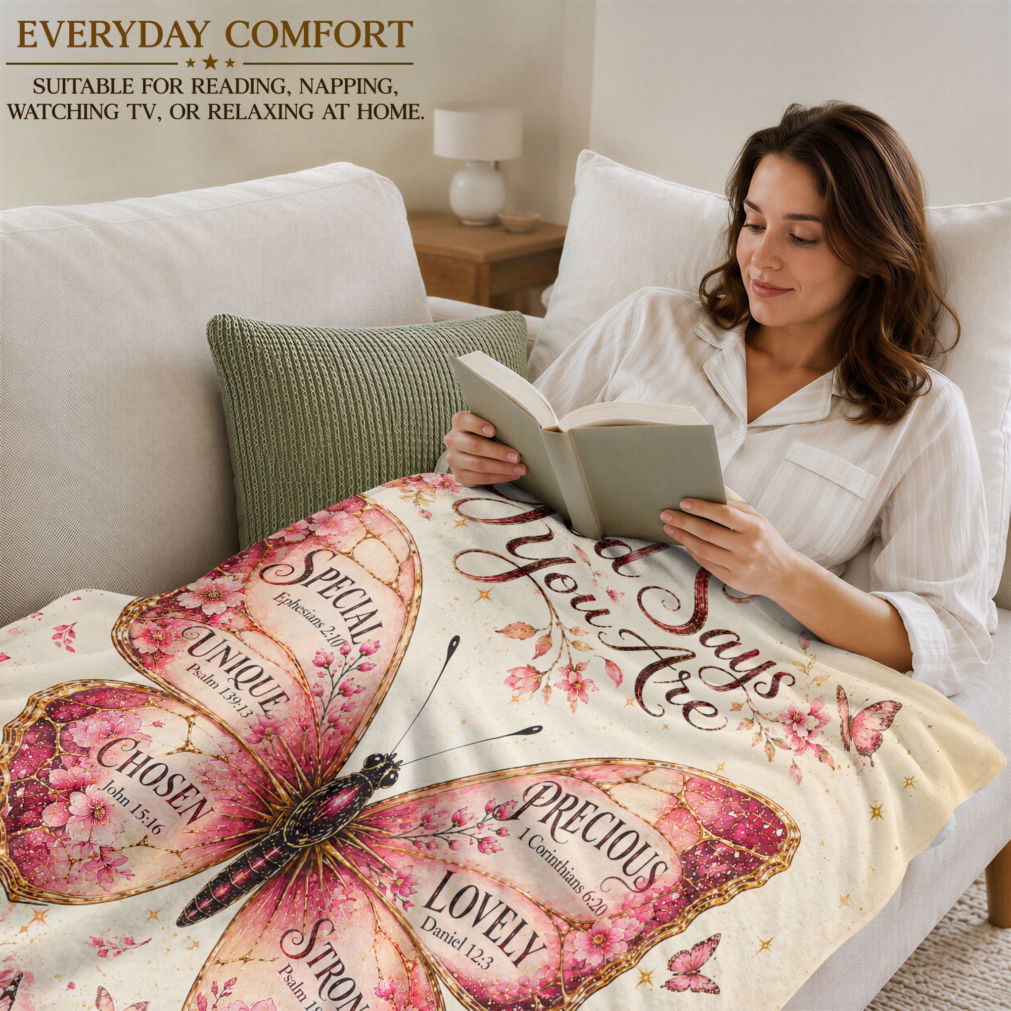 God Says You Are Pink Butterfly Blanket with Bible Verses Christian Floral Faith