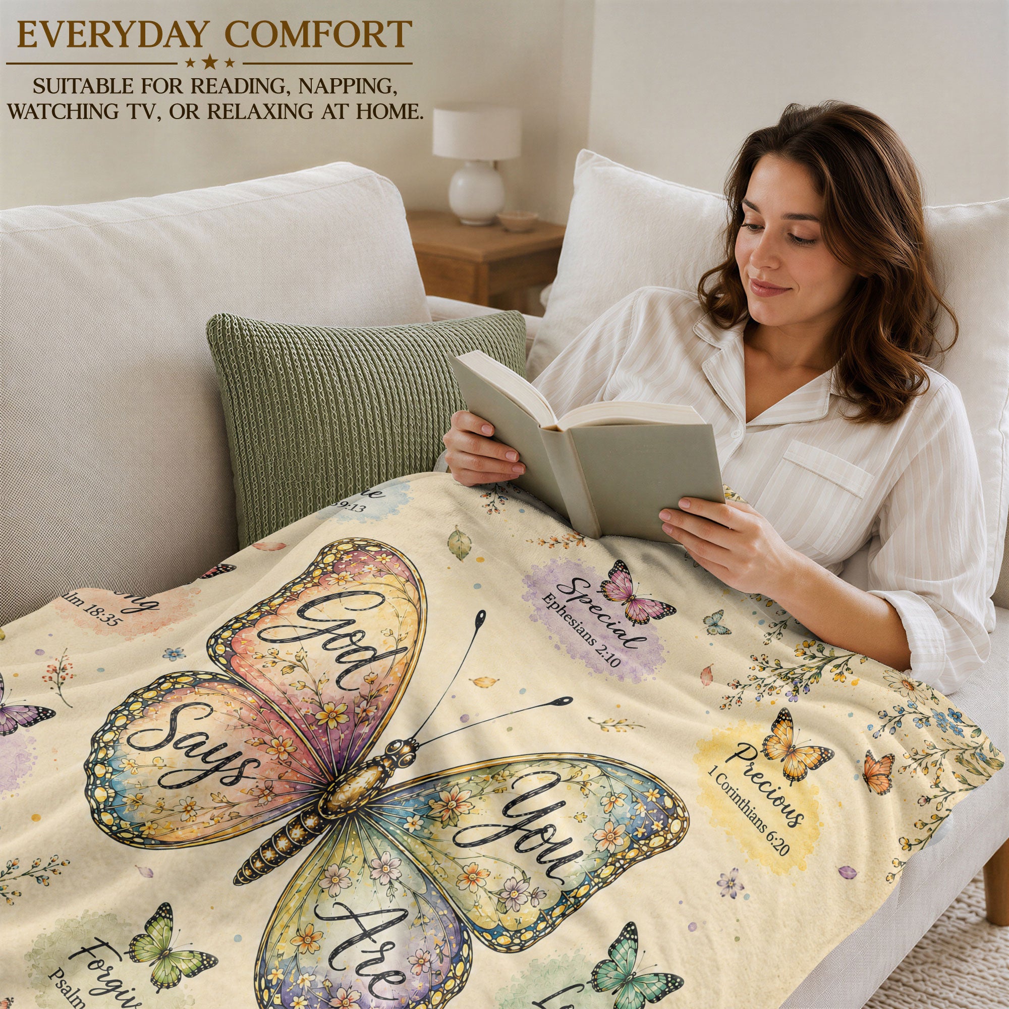 God Says You Are Butterfly Blanket with Bible Verses and Christian Floral Artwork