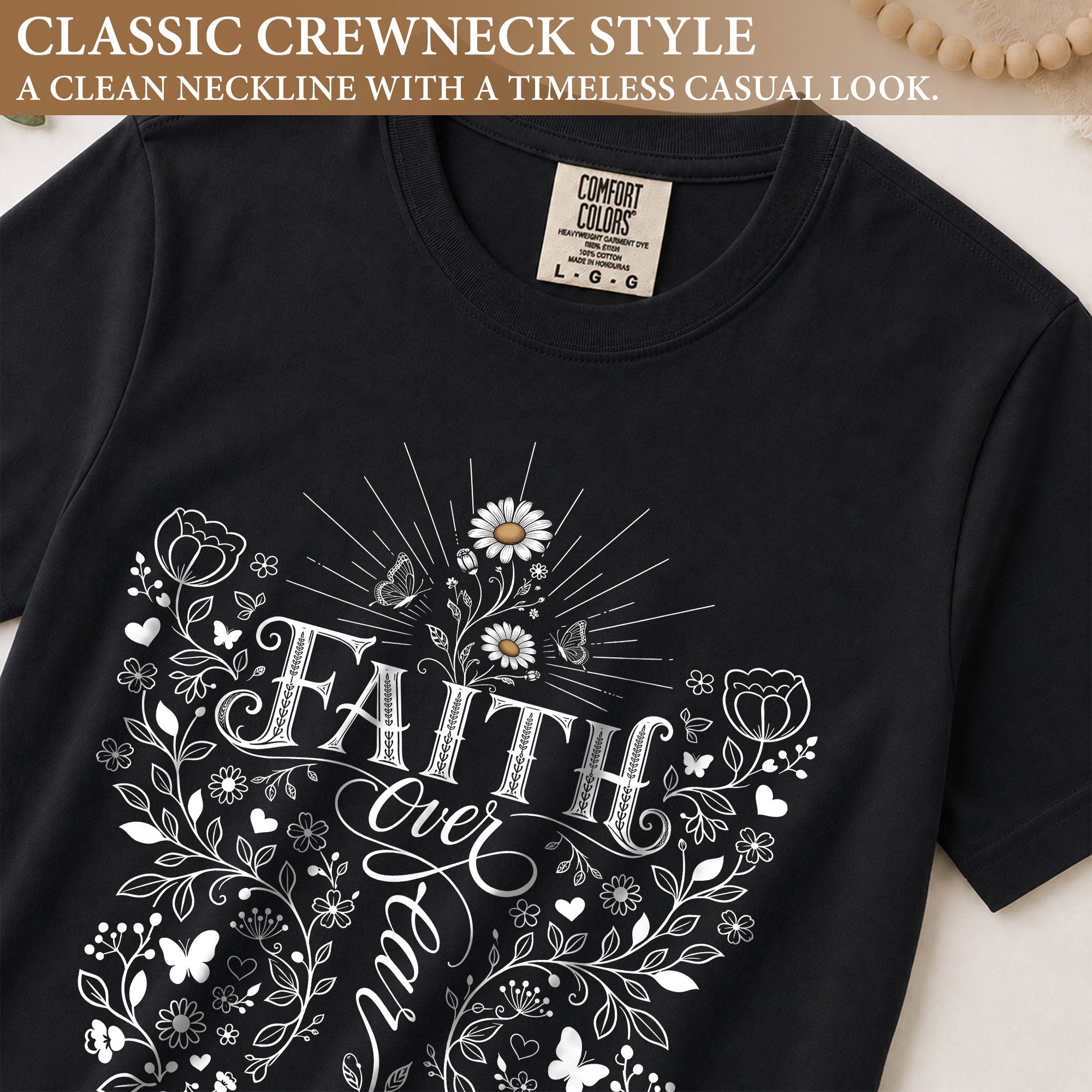 Faith Over Fear Butterfly Floral Christian Graphic Casual Crewneck Tee Shirt Women