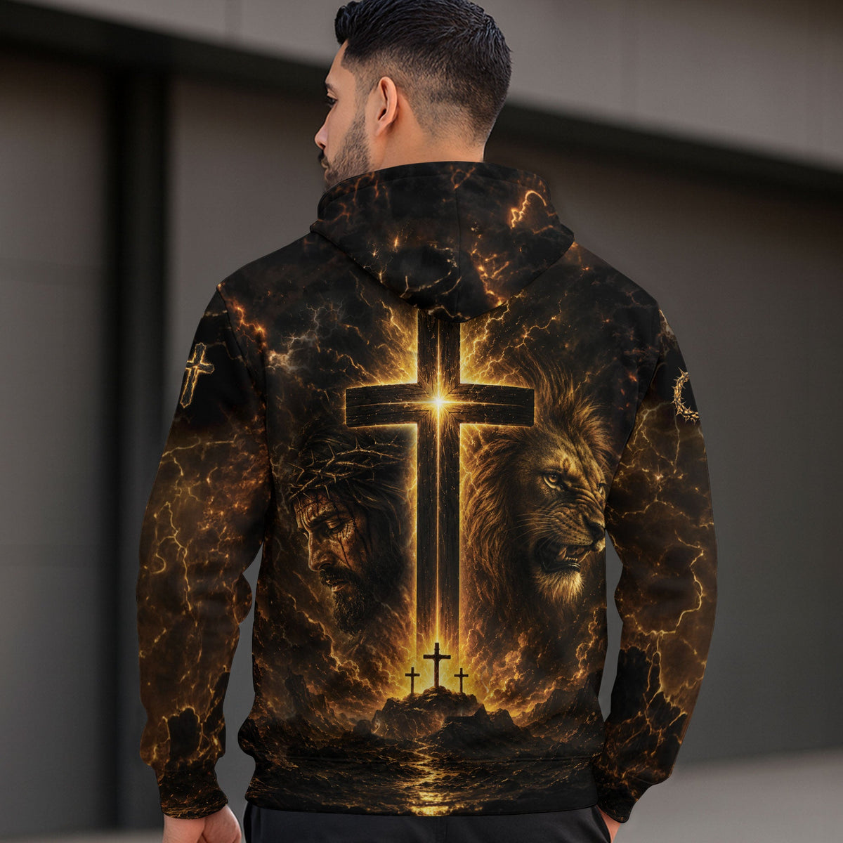 Faith Over Fear 3D Hoodie Lion Christian Cross Warrior Helmet Pullover - Rust Field Wear
