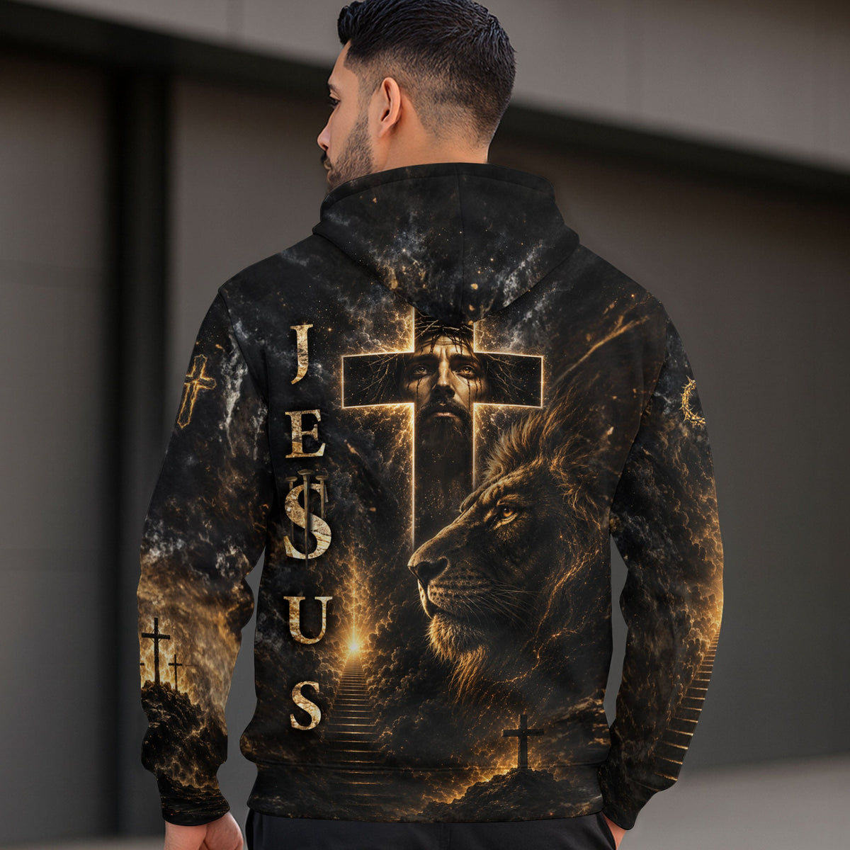 Faith Over Fear 3D Hoodie Jesus Lion Christian Cross Lamb Graphic Pullover - Rust Field Wear