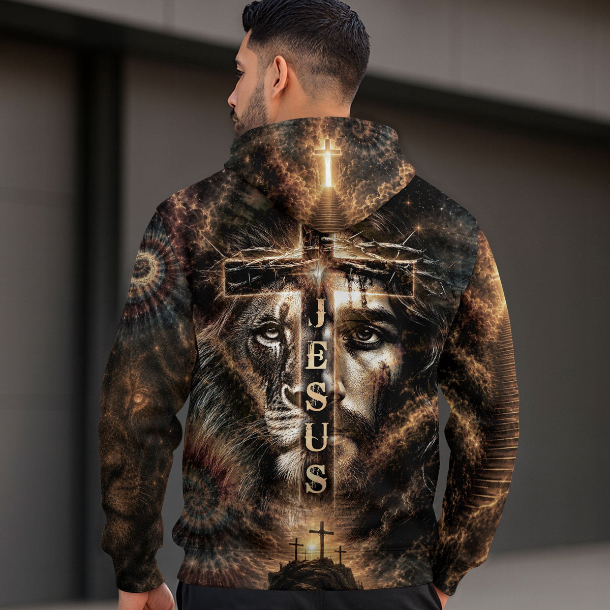 Faith Over Fear Hoodie 3D Jesus Christian Lion Cross Graphic Apparel Gift - Rust Field Wear