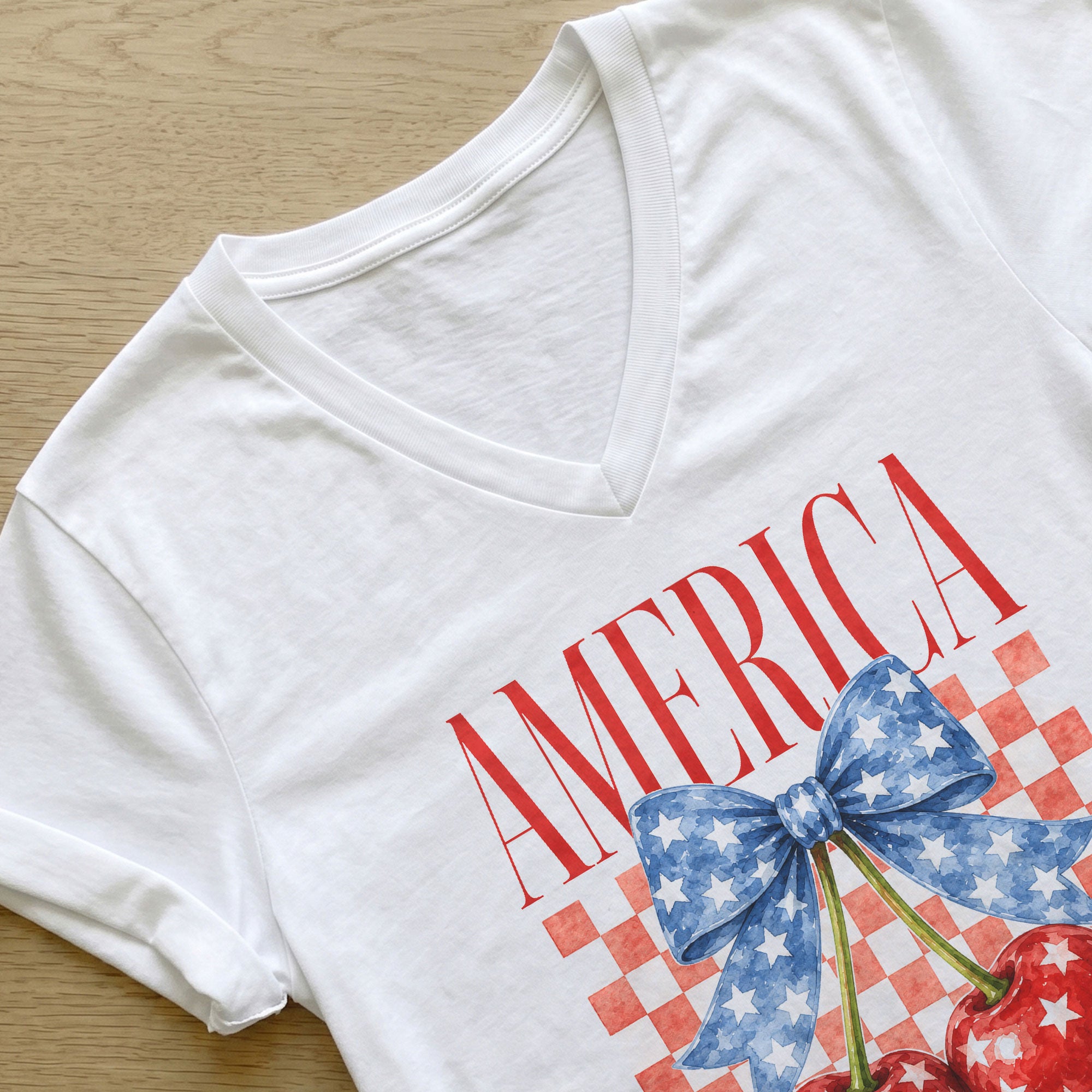 Women's V-Neck Patriotic Cherry Graphic T-Shirt - Cute American Flag Style Summer Top
