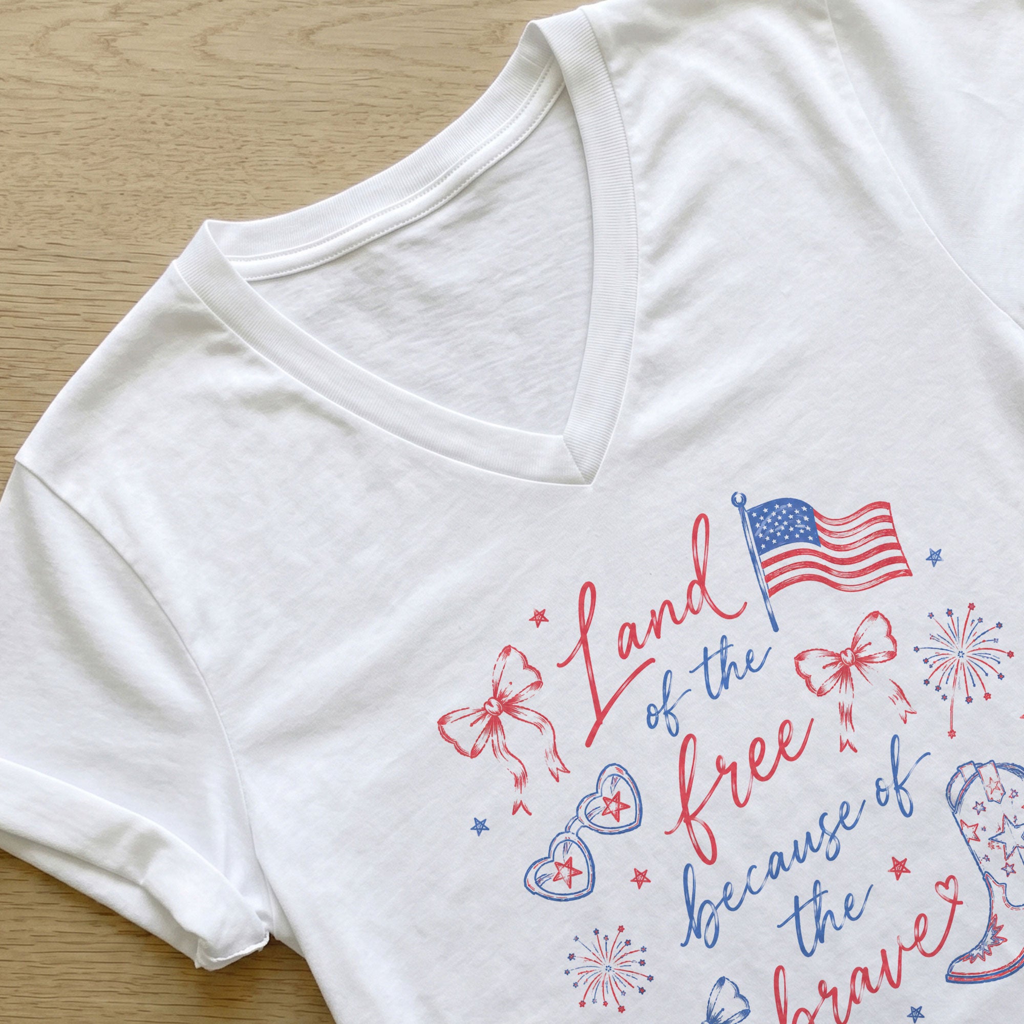 Women's Land of the Brave V-Neck Tee - Patriotic American Flag Graphic Summer Shirt