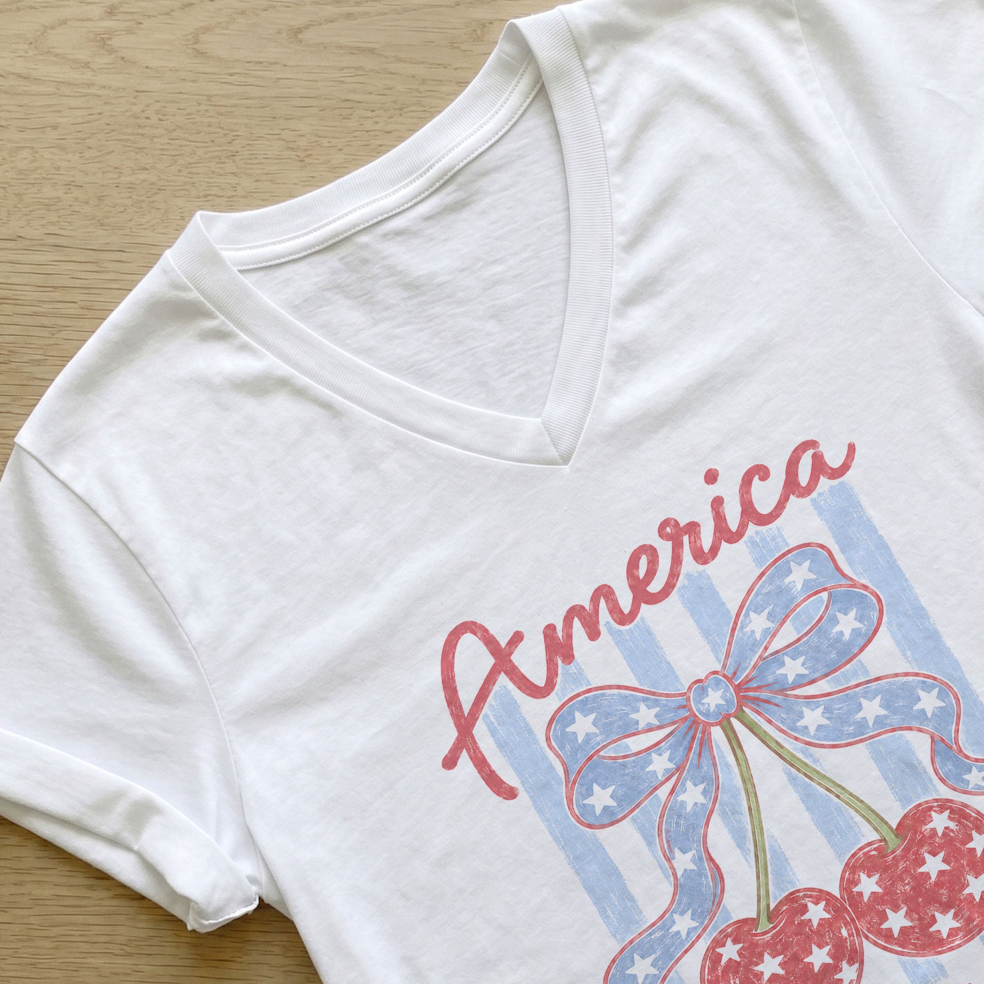 Women's America Cherry V-Neck Tee - Sweet Land of Liberty 1776 Patriotic Summer Shirt