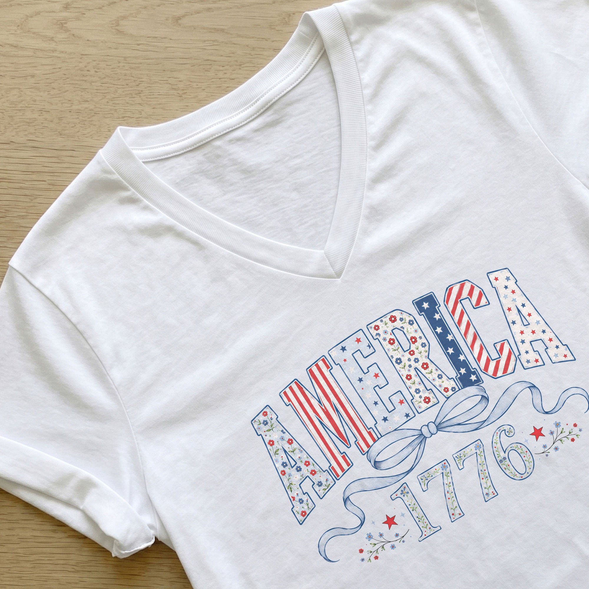 America 1776 V-Neck Graphic Shirt - Stylish Patriotic Women's Short Sleeve Top