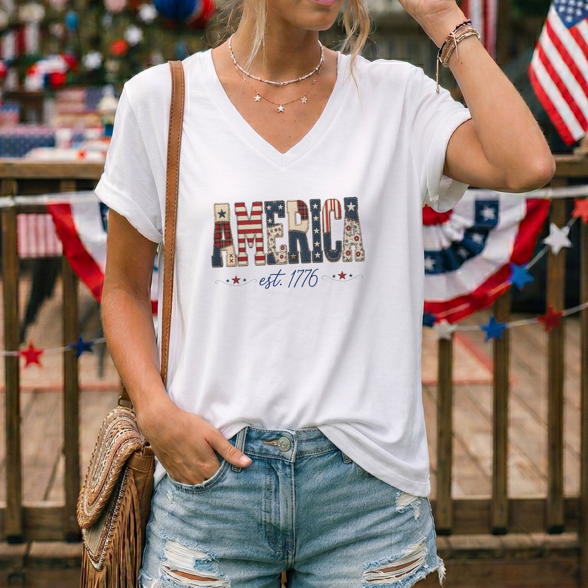America Est. 1776 V-Neck Graphic Tee - Patriotic Women's Casual White Summer Shirt