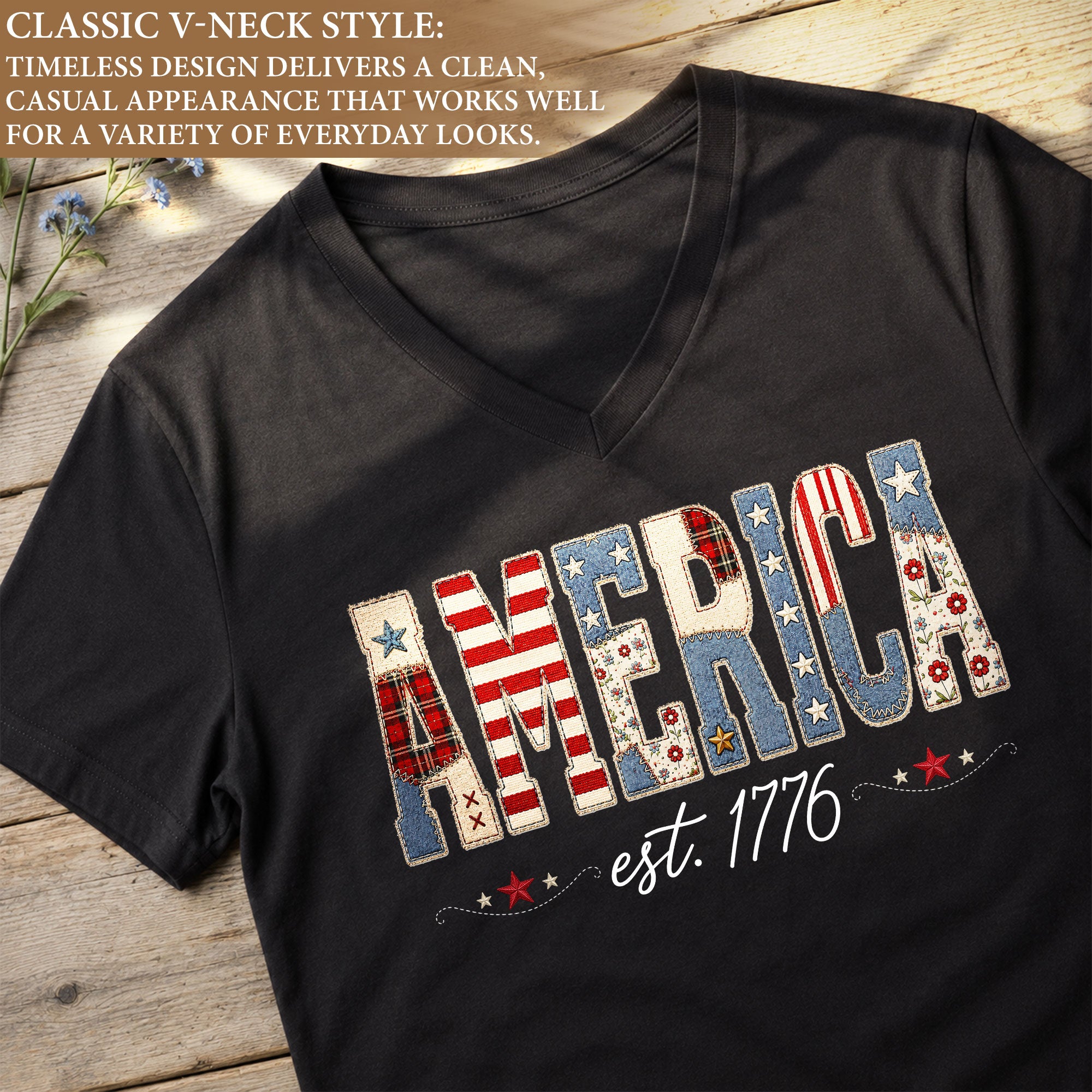 Patriotic America Est. 1776 V-Neck Tee - Women's Custom Graphic Summer Top