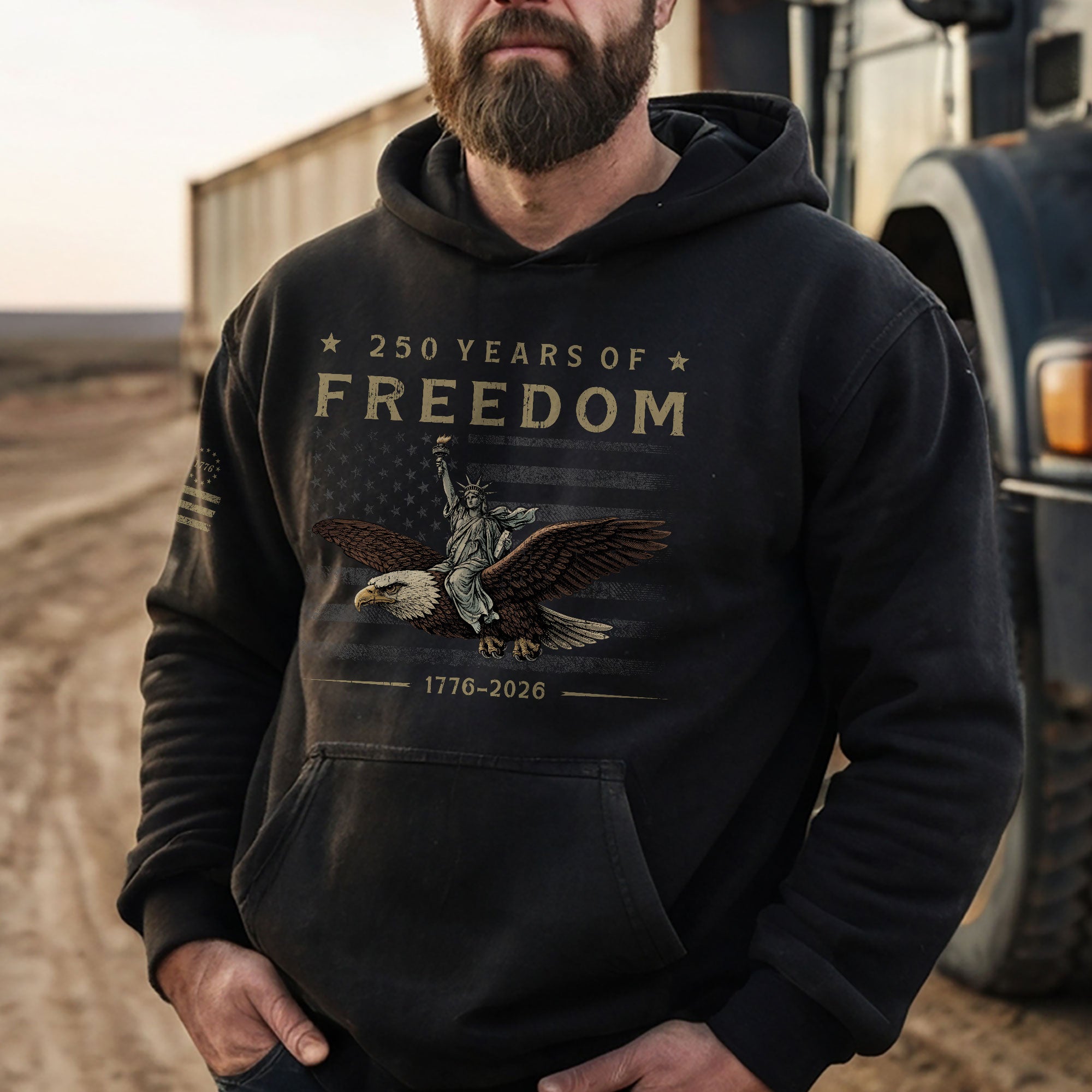 USA 250th Anniversary Hoodie 250 Years of Freedom 1776-2026 American Flag Eagle Liberty Patriotic - Rust Field Wear