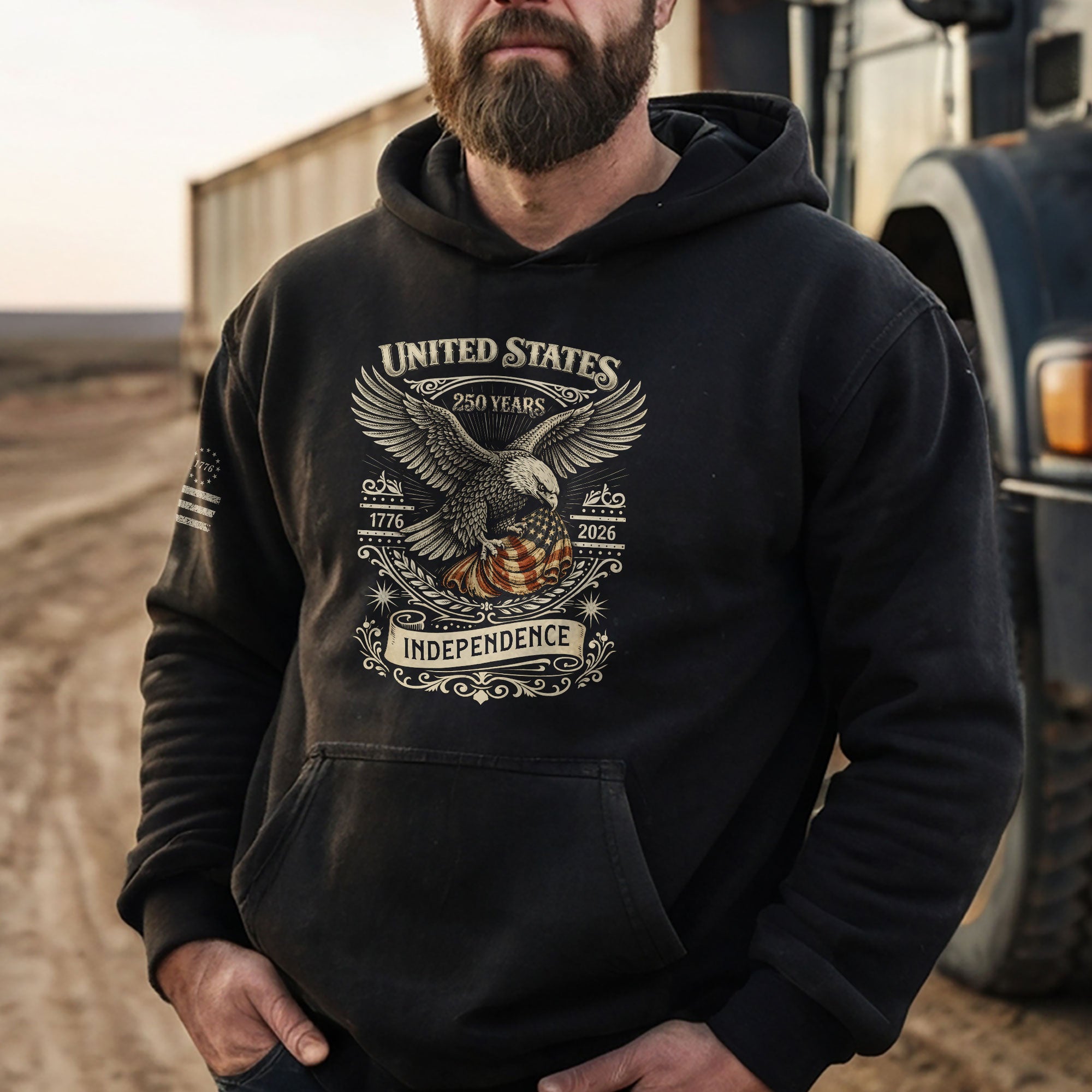 USA 250th Anniversary Hoodie 1776-2026 American Flag Patriotic Mens Hoodie - Rust Field Wear