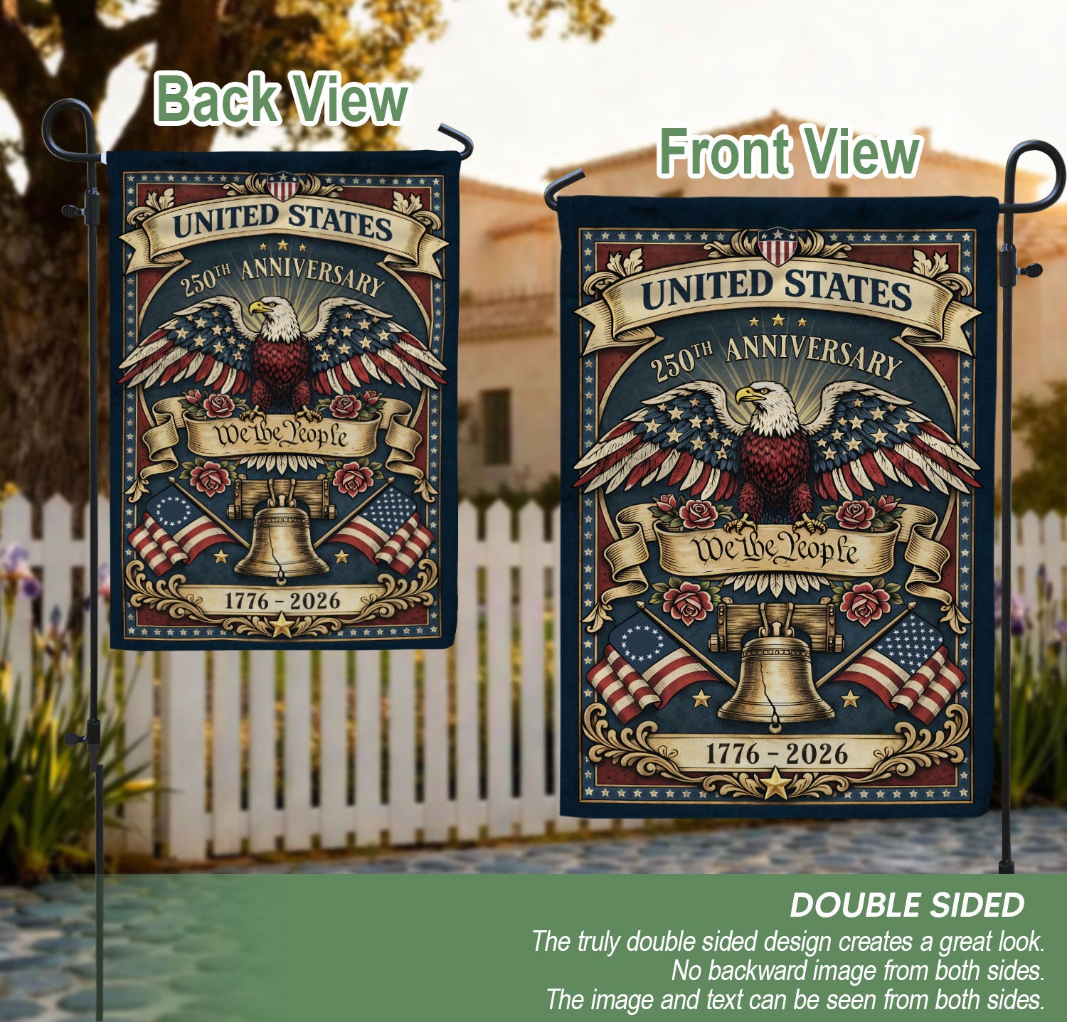 United States USA 250th Anniversary 1776-2026 Garden Flag – We The People Bald Eagle & Liberty Bell 250 Years Double Sided