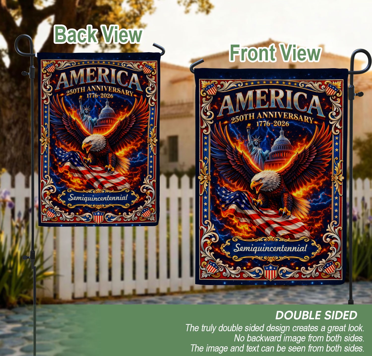 1776-2026 America 250th Anniversary Garden Flag – Bald Eagle & US Capitol Statue of Liberty 250 Years Double Sided Banner