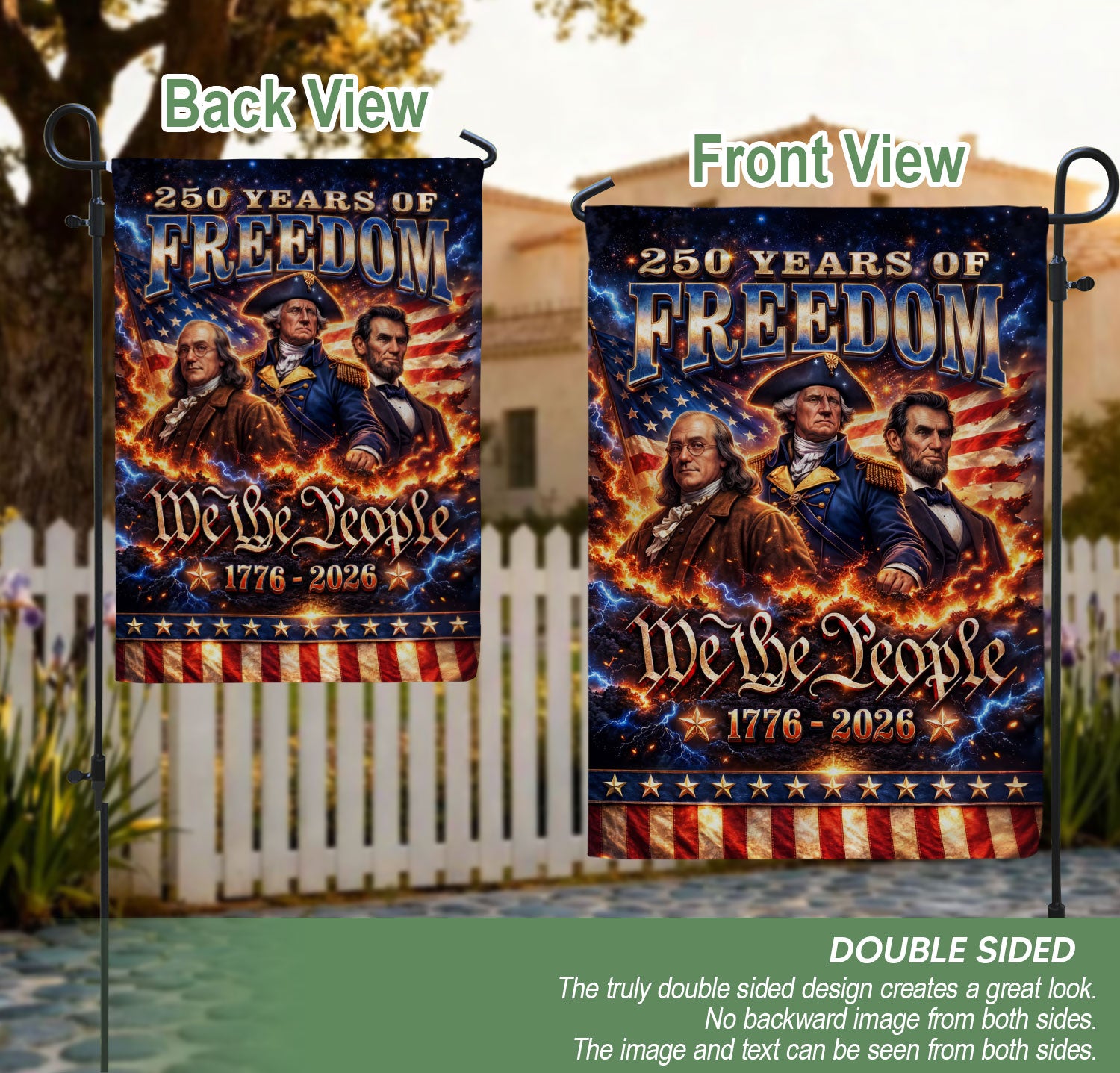 We The People 250 Years of Freedom 1776–2026 House Flag – Washington Lincoln Franklin Double Sided Patriotic Decor