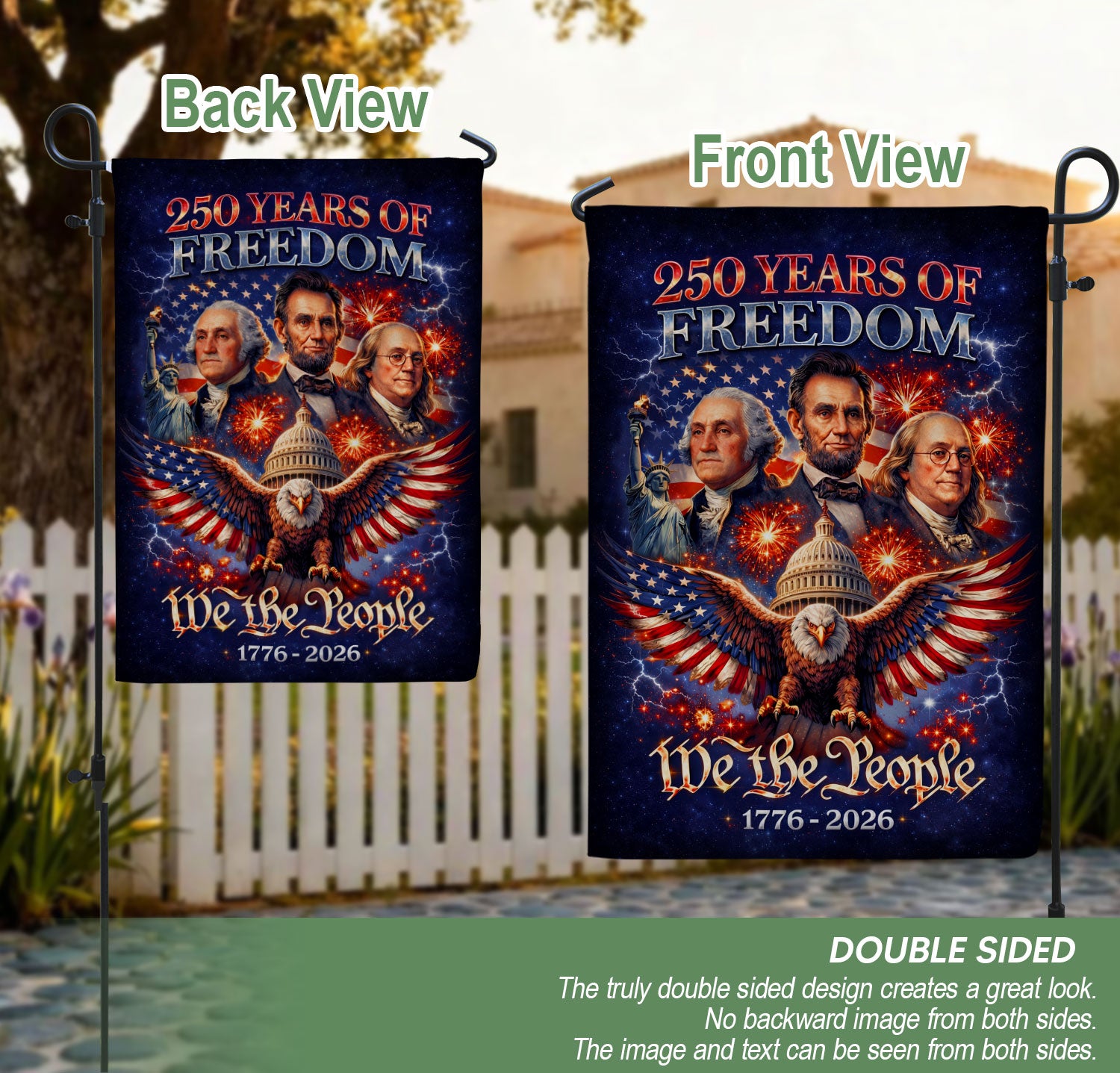 America 250 Years of Freedom 1776-2026 Garden Flag – Founders Washington Lincoln Franklin 250th Anniversary Double Sided Banner