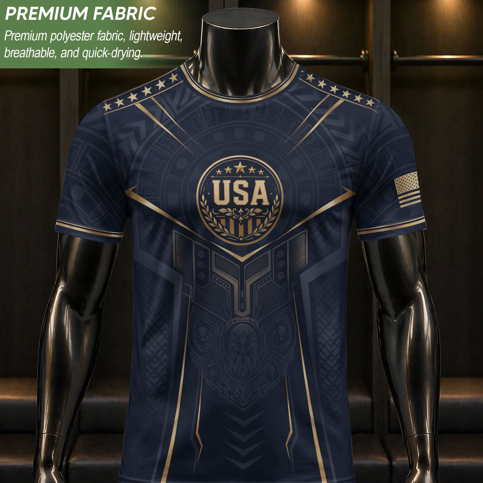 USA Soccer Jersey Navy Gold Eagle Shield Graphic Sports Tee for Soccer Fans