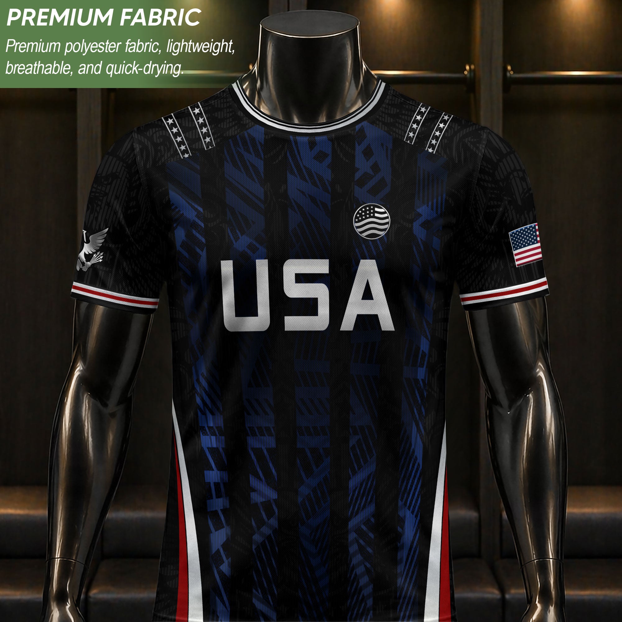 USA Soccer Jersey Black Blue Eagle Crest Athletic Shirt for Men Women Fans