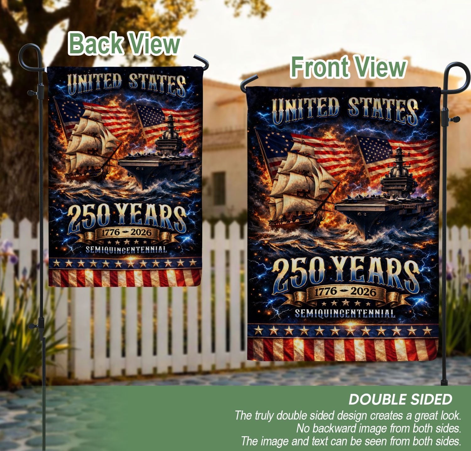 1776-2026 USA 250th Anniversary House Flag – Navy History & Modern Power Patriotic Double Sided Flag - Rust Field Wear
