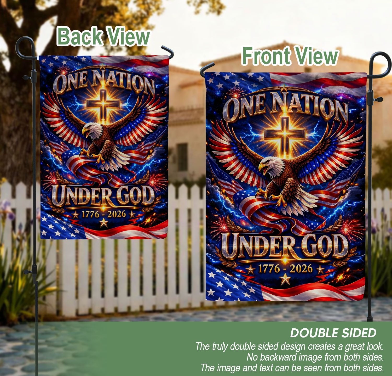 Christian One Nation Under God 250th Anniversary USA Garden Flag 1776–2026 Eagle Cross Patriotic Faith Design - Rust Field Wear