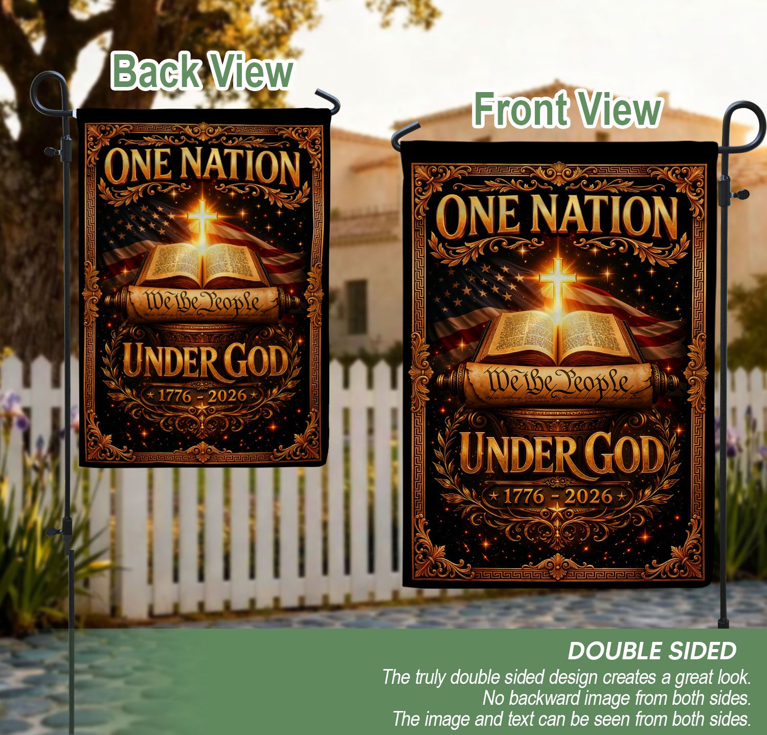 Christian One Nation Under God 250th Anniversary USA Garden Flag 1776–2026 Bible Cross We The People Patriotic Design