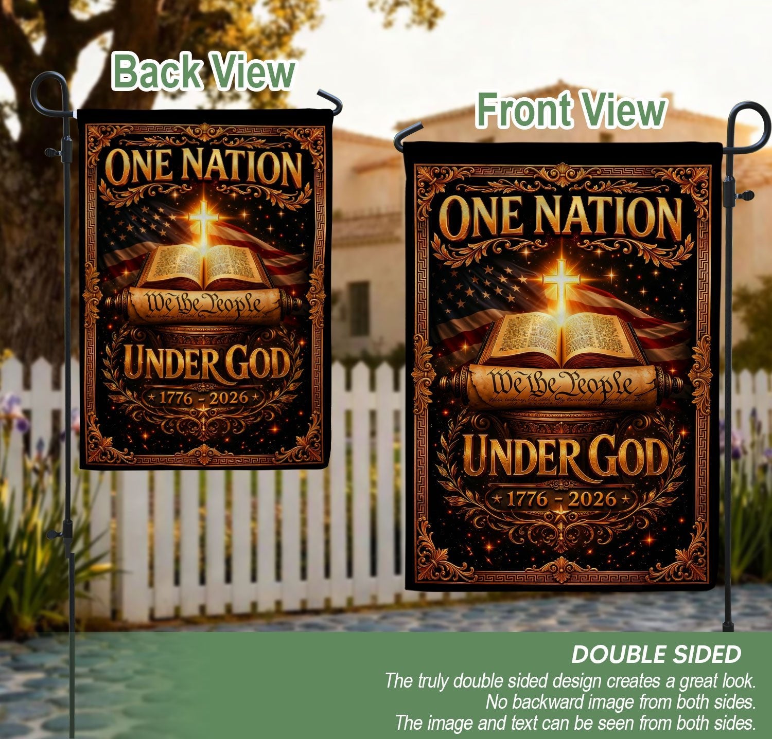 Christian One Nation Under God 250th Anniversary USA Garden Flag 1776–2026 Bible Cross We The People Patriotic Design - Rust Field Wear