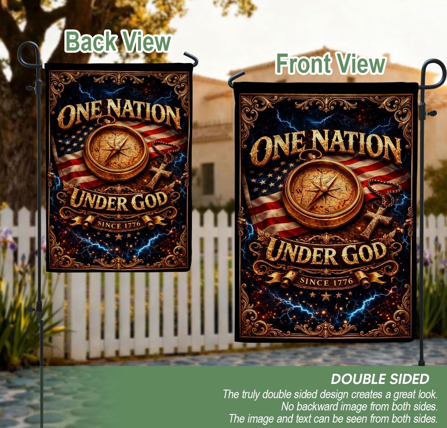 Christian One Nation Under God Since 1776 250th Anniversary USA Garden Flag Compass Cross Patriotic Design - Rust Field Wear