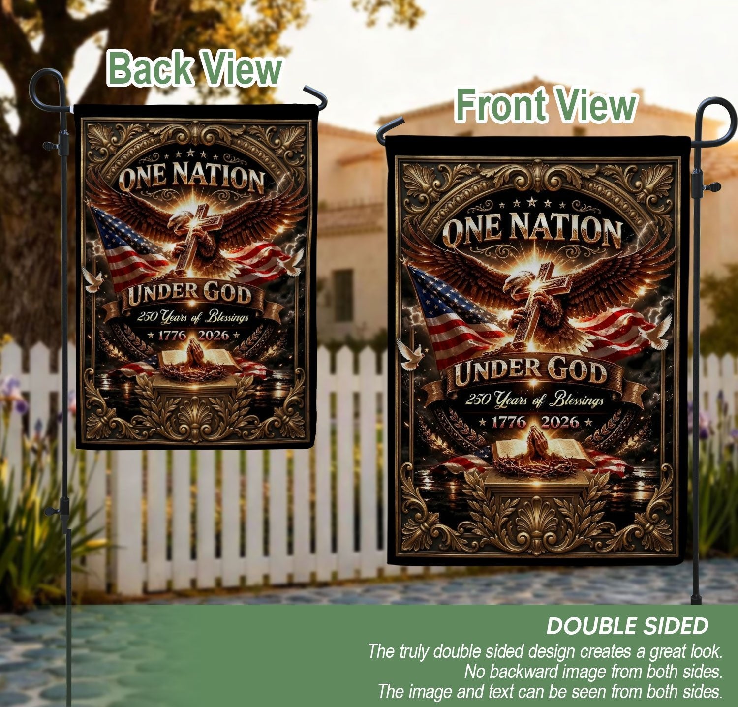 Christian One Nation Under God 250 Years of Blessings USA Garden Flag 1776–2026 Eagle Cross Patriotic Faith Banner - Rust Field Wear