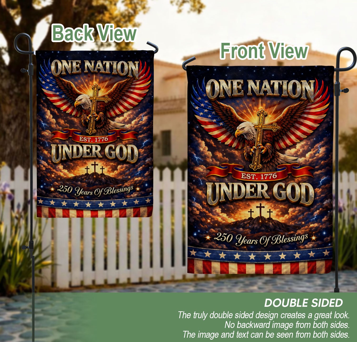 Christian One Nation Under God Est 1776 250th Anniversary USA House Flag Eagle Cross Patriotic Faith Banner