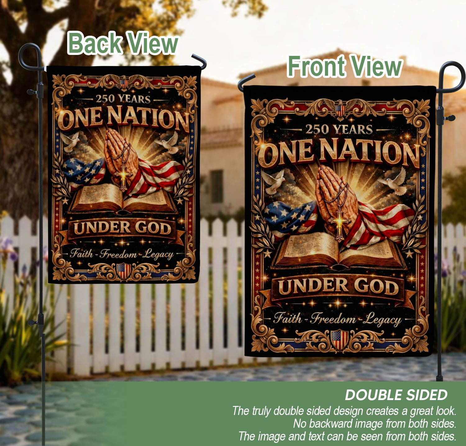Christian One Nation Under God 250th Anniversary USA Garden Flag 1776–2026 Prayer Bible Patriotic Faith Freedom Design
