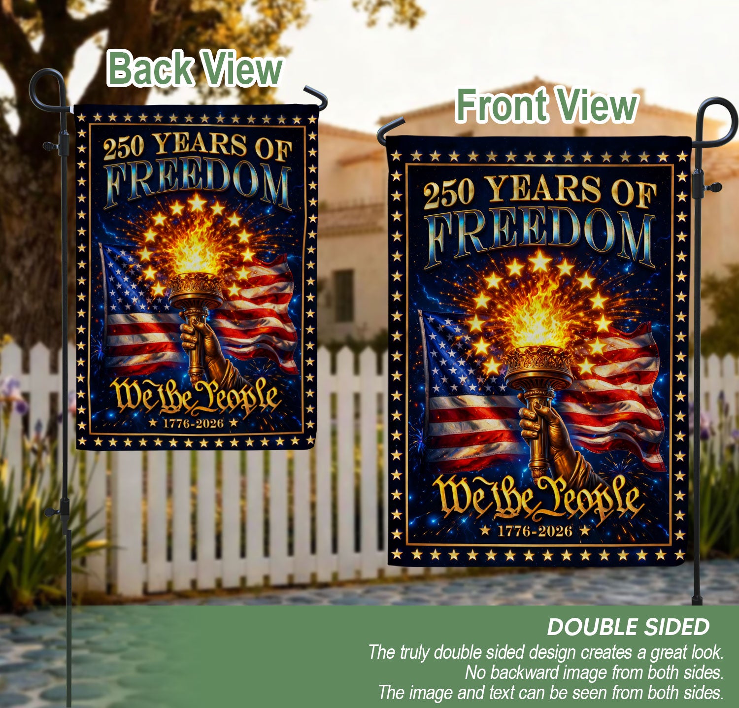 250 Years of Freedom Garden Flag We The People Torch Patriotic 1776 2026 Yard Banner